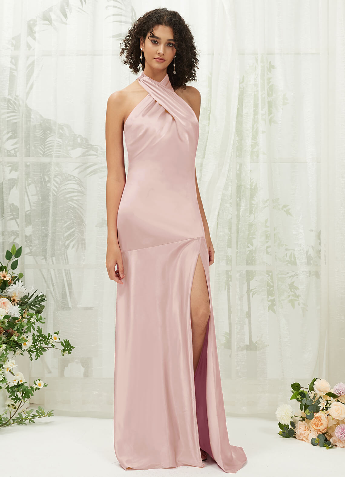 Elegant Blush Satin Halter Neck Sleeveless Maxi Bridesmaid Dress with High Slit - Perfect for Weddings, Proms & Formal Events