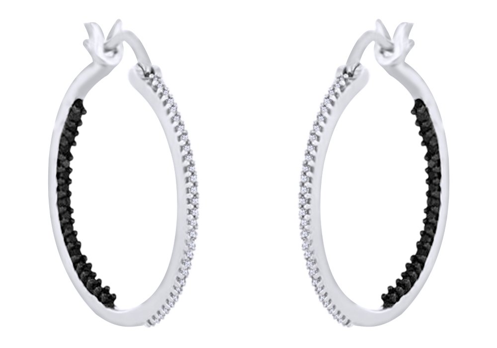 0.33 Carat Round White & Black Natural Diamond Hoop Earrings in 14K Gold Over Sterling Silver - Elegant Everyday Jewelry for Women, Perfect for Parties, Weddings & Gifts