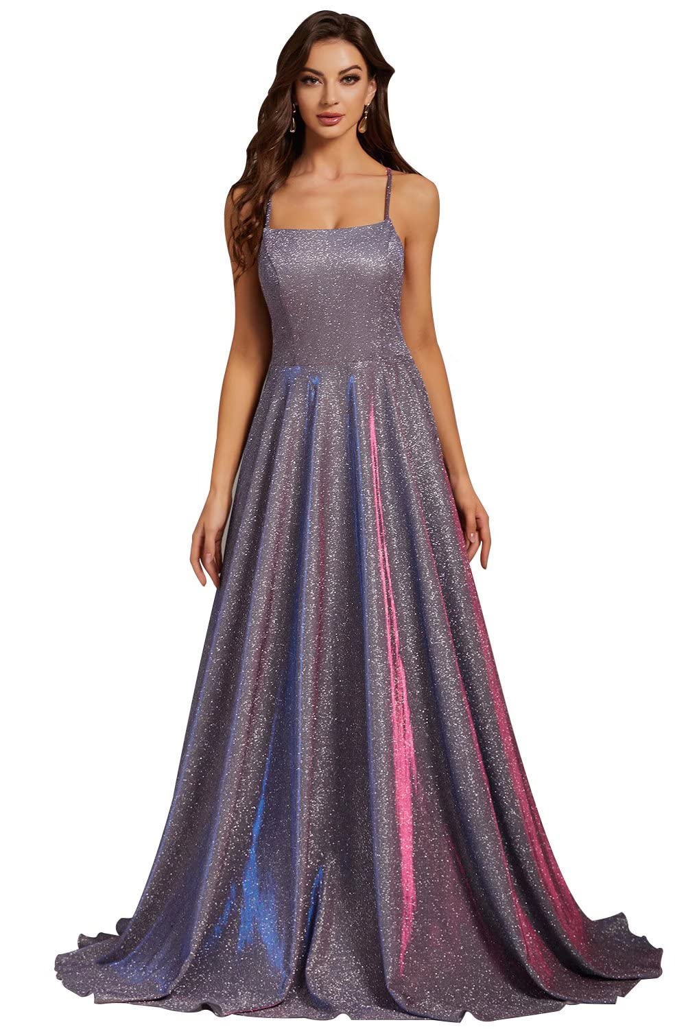 Sparkly Smileven Women's Glitter Prom Dresses - Elegant Spaghetti Strap Formal Evening Gowns with Pockets for Homecoming, Wedding Guest & Cocktail Party
