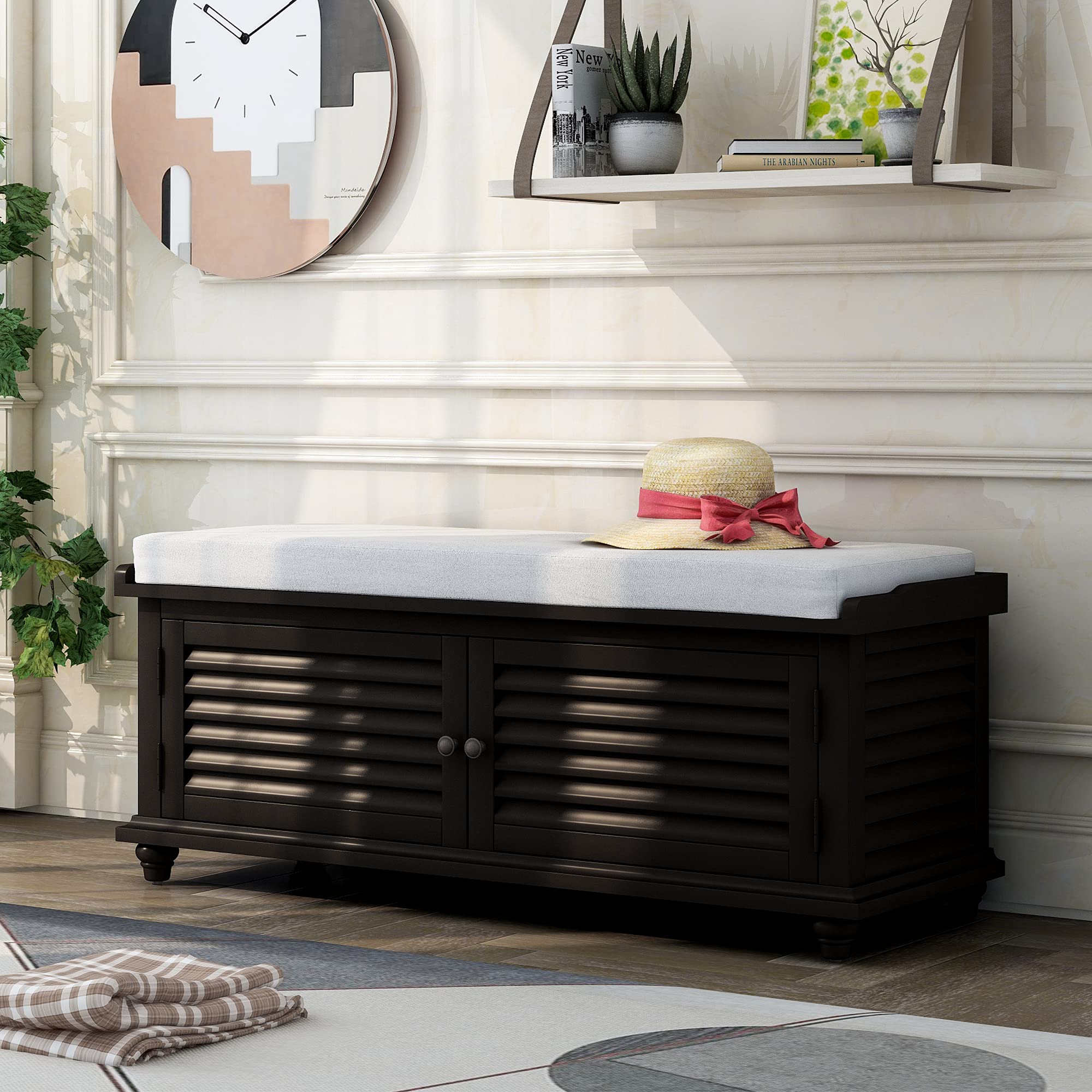 Wooden Entryway Storage Bench with Removable Cushion & Louver Design - Multipurpose Shoe Bench for Foyer, Living Room, Bedroom - Perfect for Organizing Shoes, Coats & Home Decor (Pure Black)