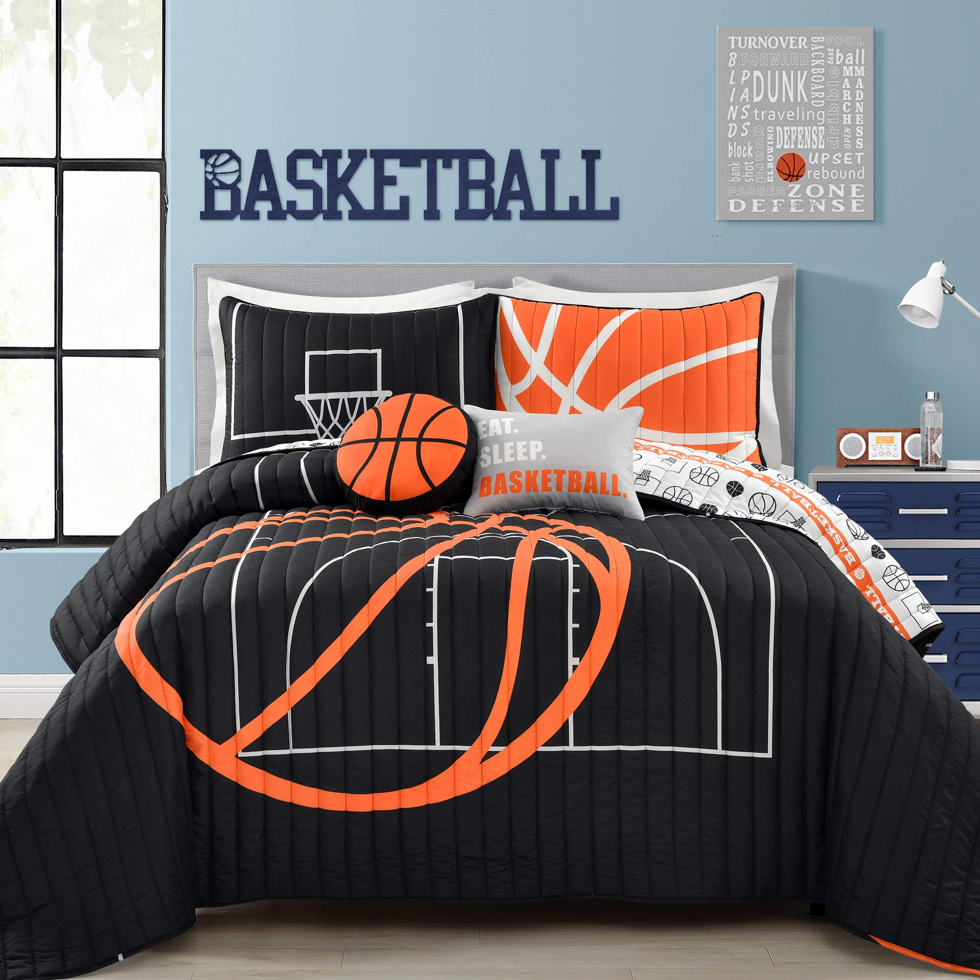 Lush Decor Reversible Basketball Quilt Set - 5 Piece Full/Queen Size Bedding in Black & Orange - Soft & Cozy Teen Bedroom Decor for Boys & Girls | Perfect for Sports Themed Rooms, Dorm Decor, and Gift Ideas