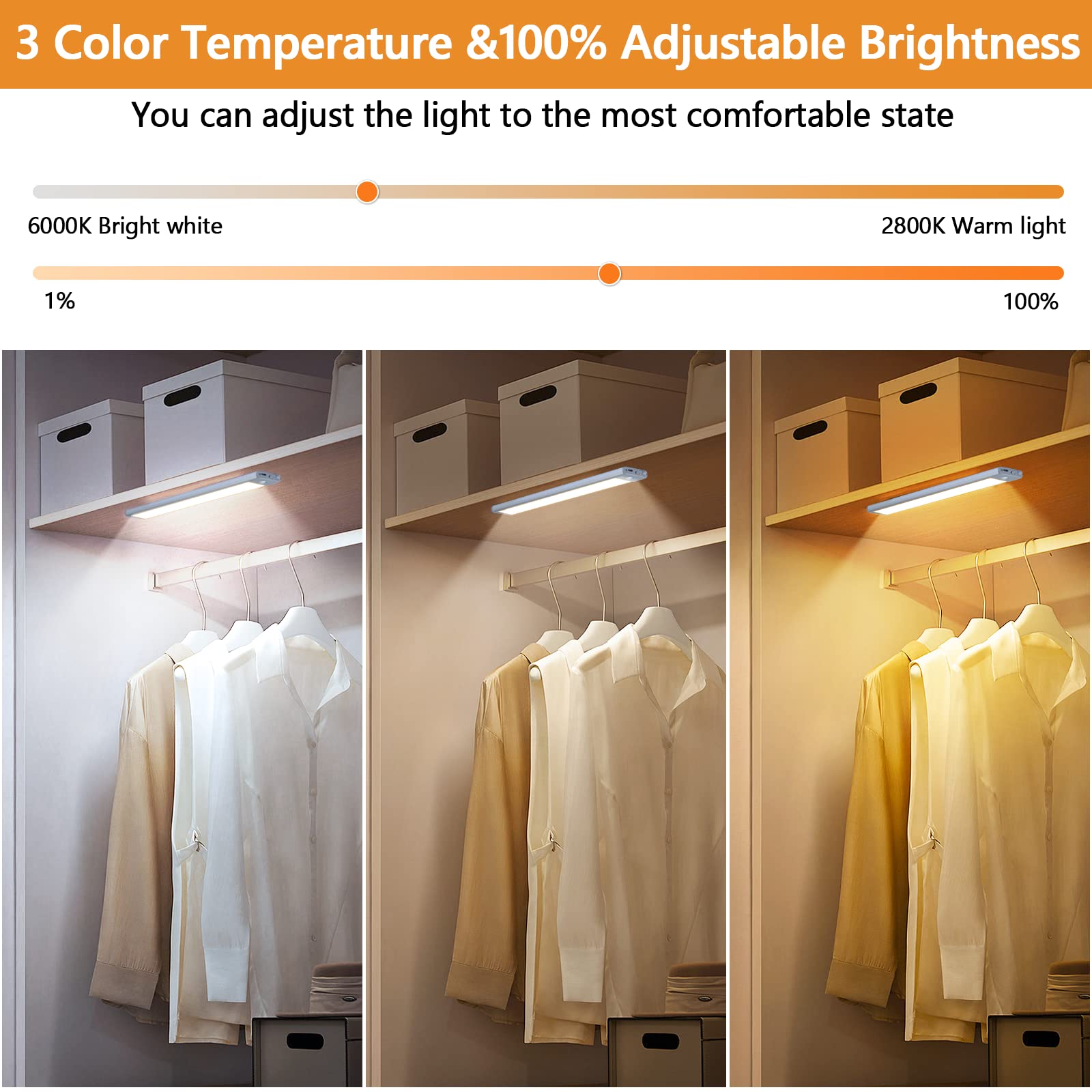 60 LED Dimmable Under Cabinet Lights - 2 Pack with 3 Color Temperatures, Rechargeable Motion Sensor - Wireless Magnetic Closet Lighting for Kitchen, Stairs, Pantry, Wardrobe & Home Storage Areas