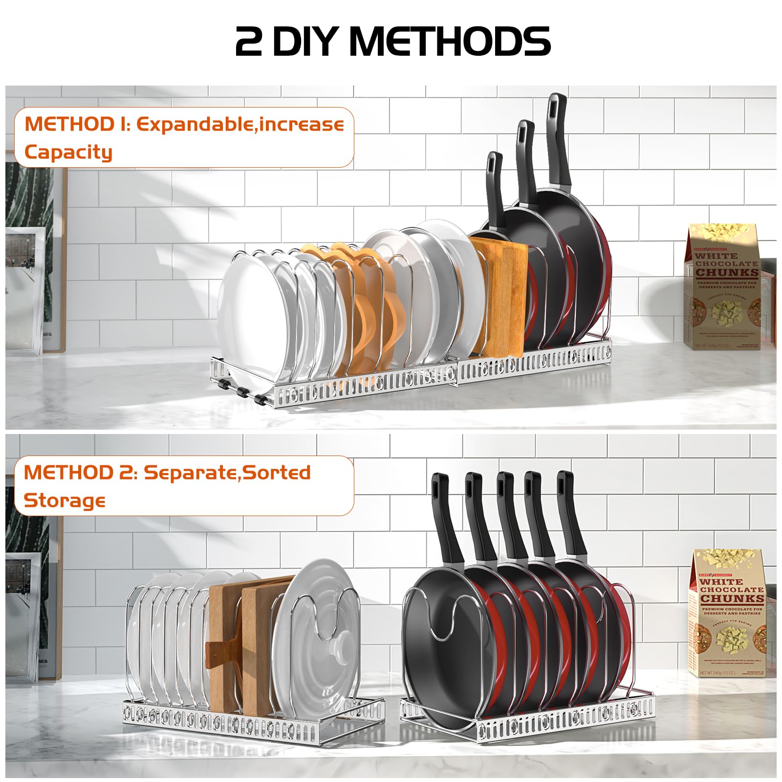 Stainless Steel Expandable Pot and Pan Organizer Rack for Cabinet - 14 Adjustable Dividers, Kitchen Storage Solution for Pots, Pans & Lids - Perfect for Small Spaces & Cluttered Kitchens