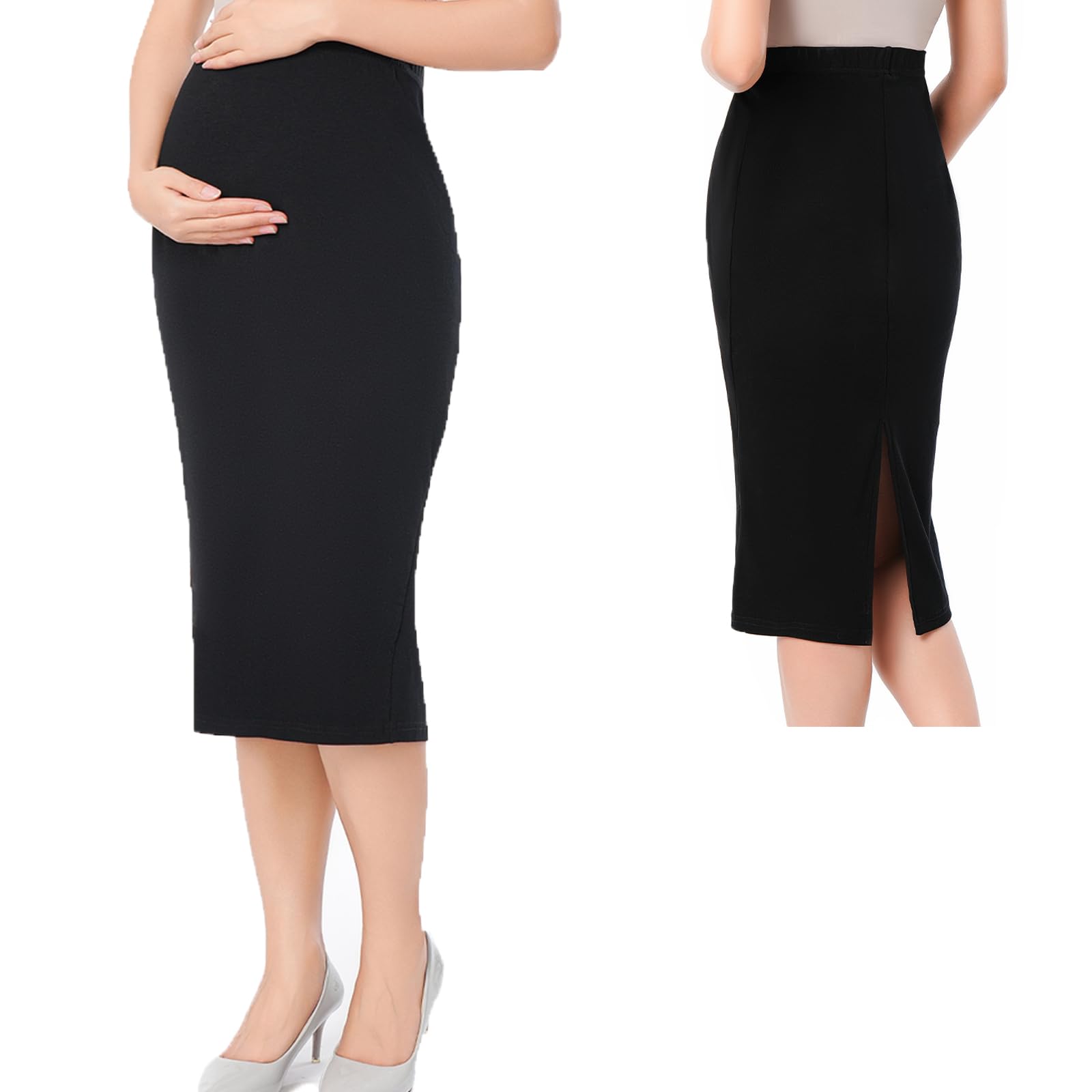 Women's Maternity Pencil Skirt - Over The Belly Stretchy Midi Skirt for Pregnancy, Solid Color Work Outfit (Office, Business Casual, Maternity Photoshoot)
