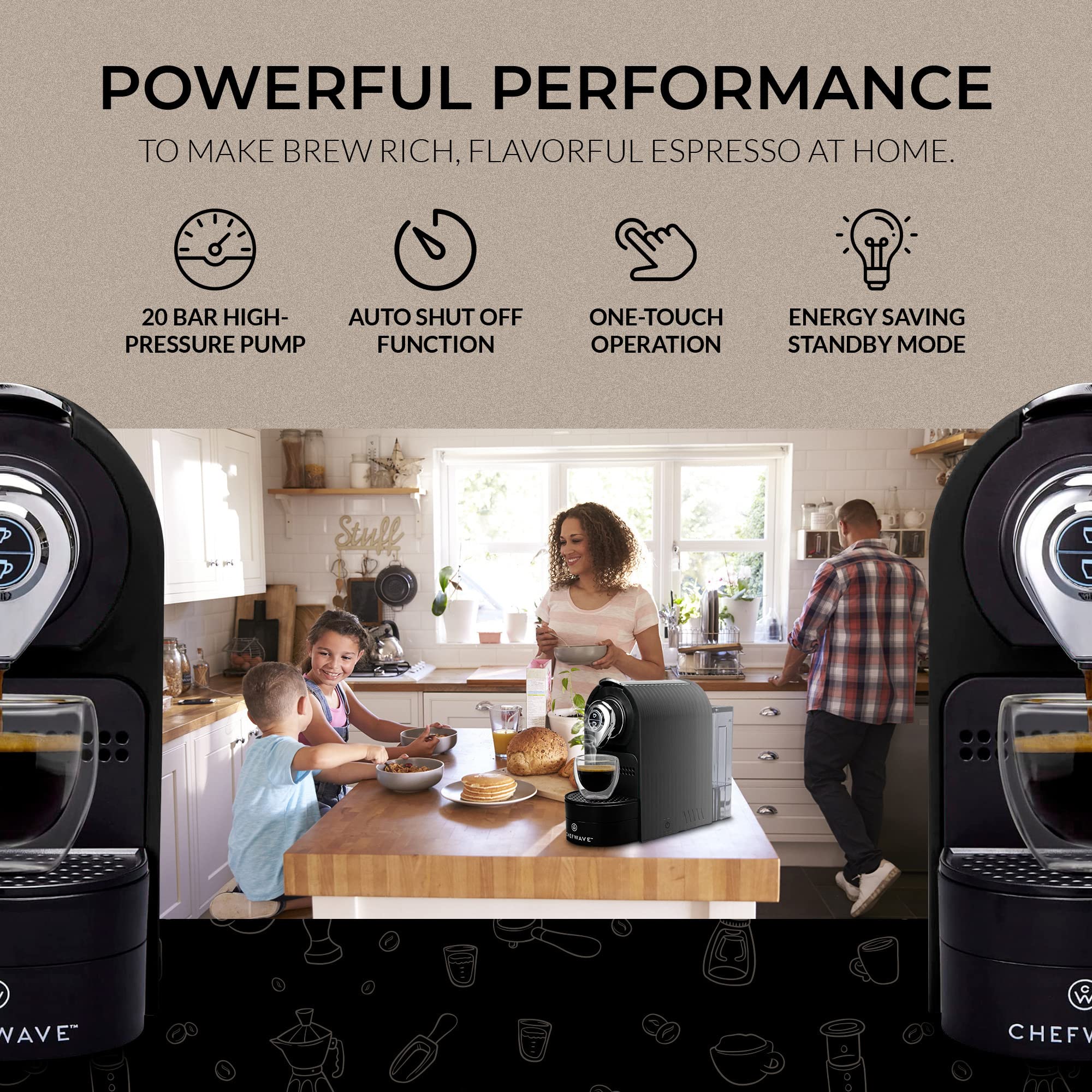 Premium ChefWave Espresso Machine for Nespresso Pods - Black Coffee Maker with Pod Holder, Cups & Descaling Powder (2-Piece Bundle) - Perfect for Home, Office & Coffee Shop Use
