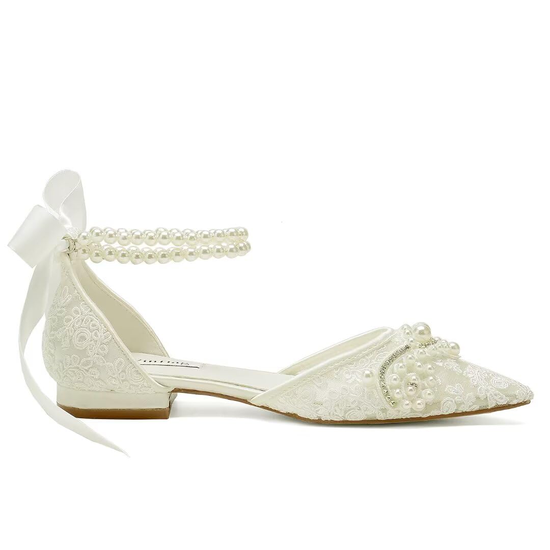 Pearl Wedding Shoes for Bride - Elegant Lace Bridal Flats with Pointed Toe | Perfect for Wedding Ceremony, Reception & Photoshoot