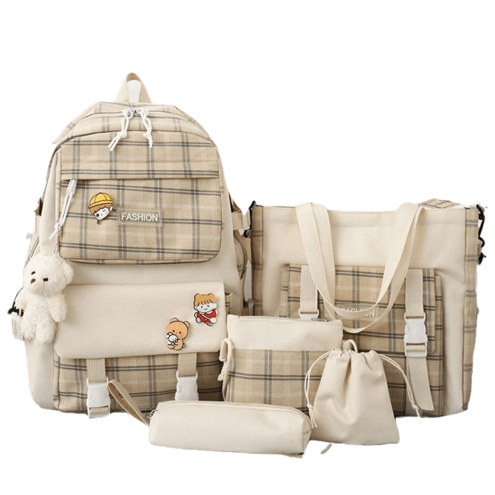 5Pcs Kawaii Backpacks for Girls Combo Set - Cute Canvas School Backpack, Durable Tote Bag for School Supplies (Khaki) - Perfect for School, Travel & Daily Use