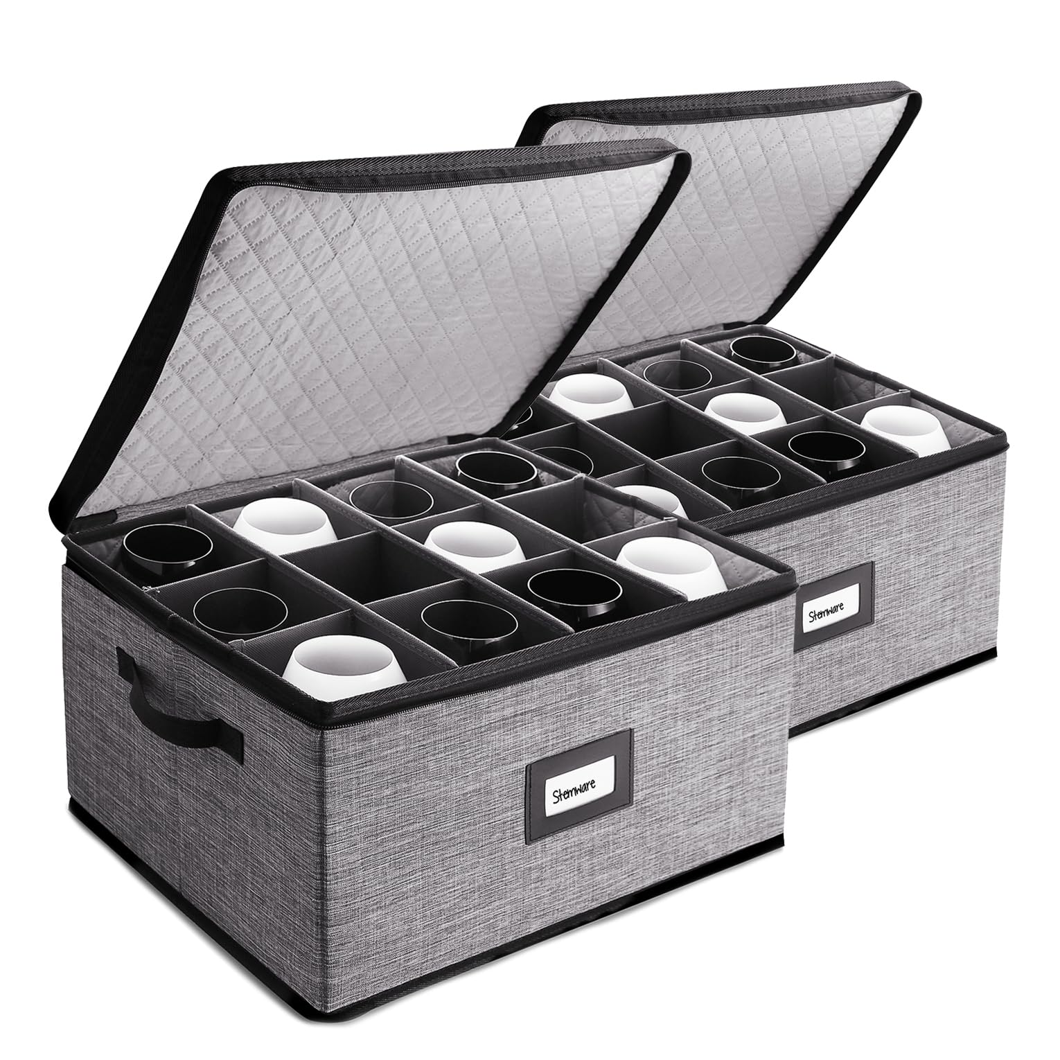 Premium 2-Pack Stackable Wine Glass Storage Box with Dividers - Holds 12 Stemware Glasses, Hard Shell Quilted China Storage Containers for Moving, Seasonal Storage & Home Organization | Perfect for Kitchen, Dining Room & Party Glassware Protection