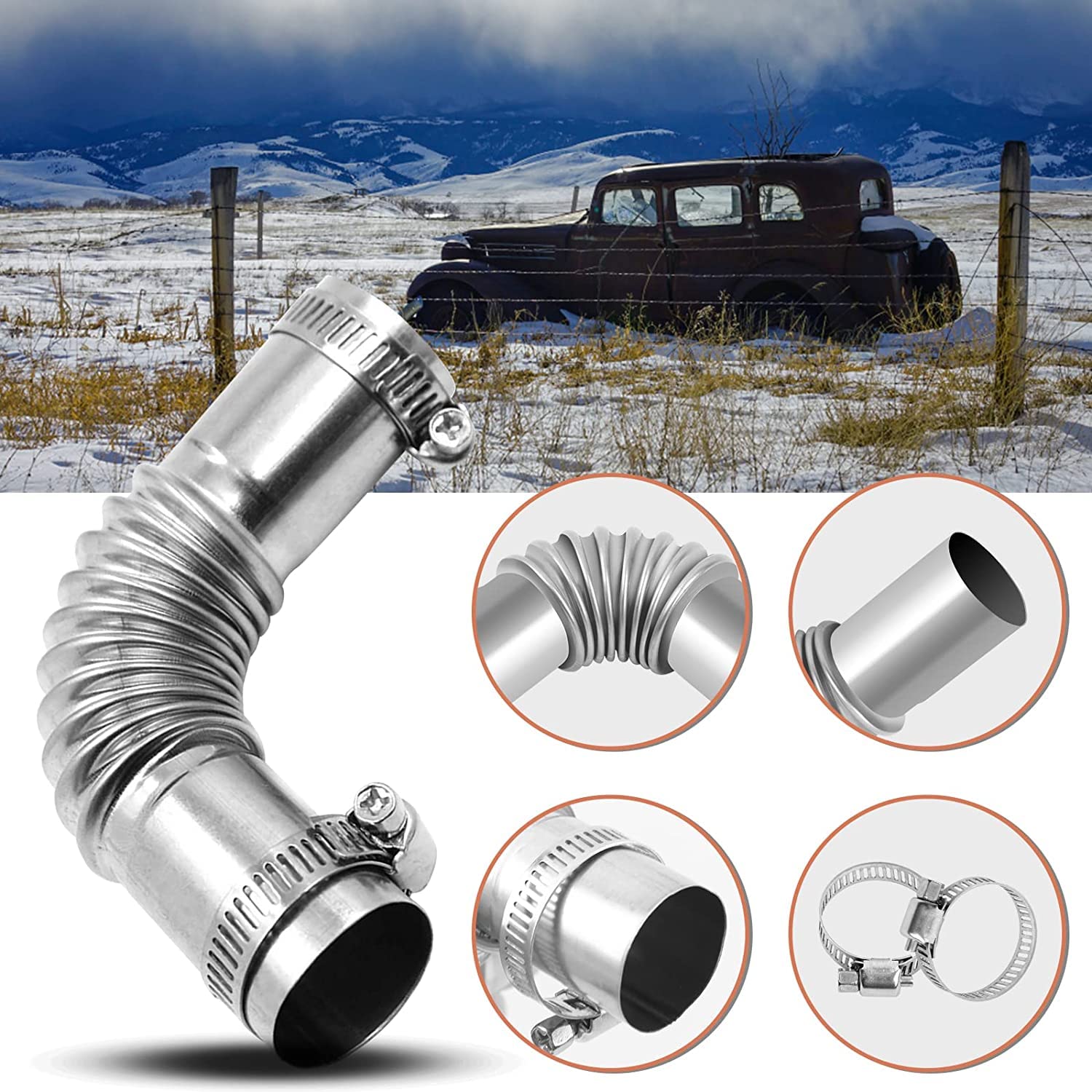 25mm Stainless Steel Air Parking Heater Exhaust Pipe Elbow Connector with Windproof Cap - 2-Piece Set for Diesel Boat & RV Heaters | Waterproof & Durable for Marine, Automotive & Outdoor Use