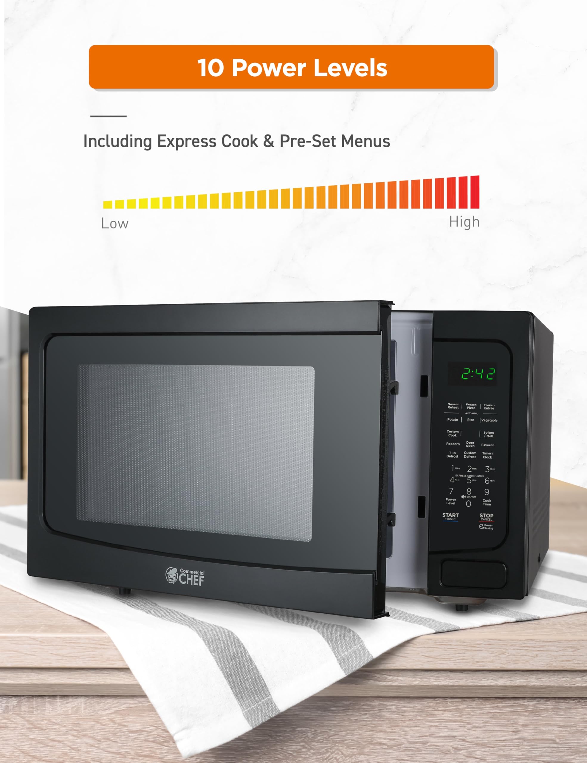Commercial Chef 1.6 Cu Ft Countertop Microwave Oven - 1100W with 10 Power Levels, Digital Controls & Child Safety Lock - Perfect for Small Kitchens, Dorms & Offices - Black