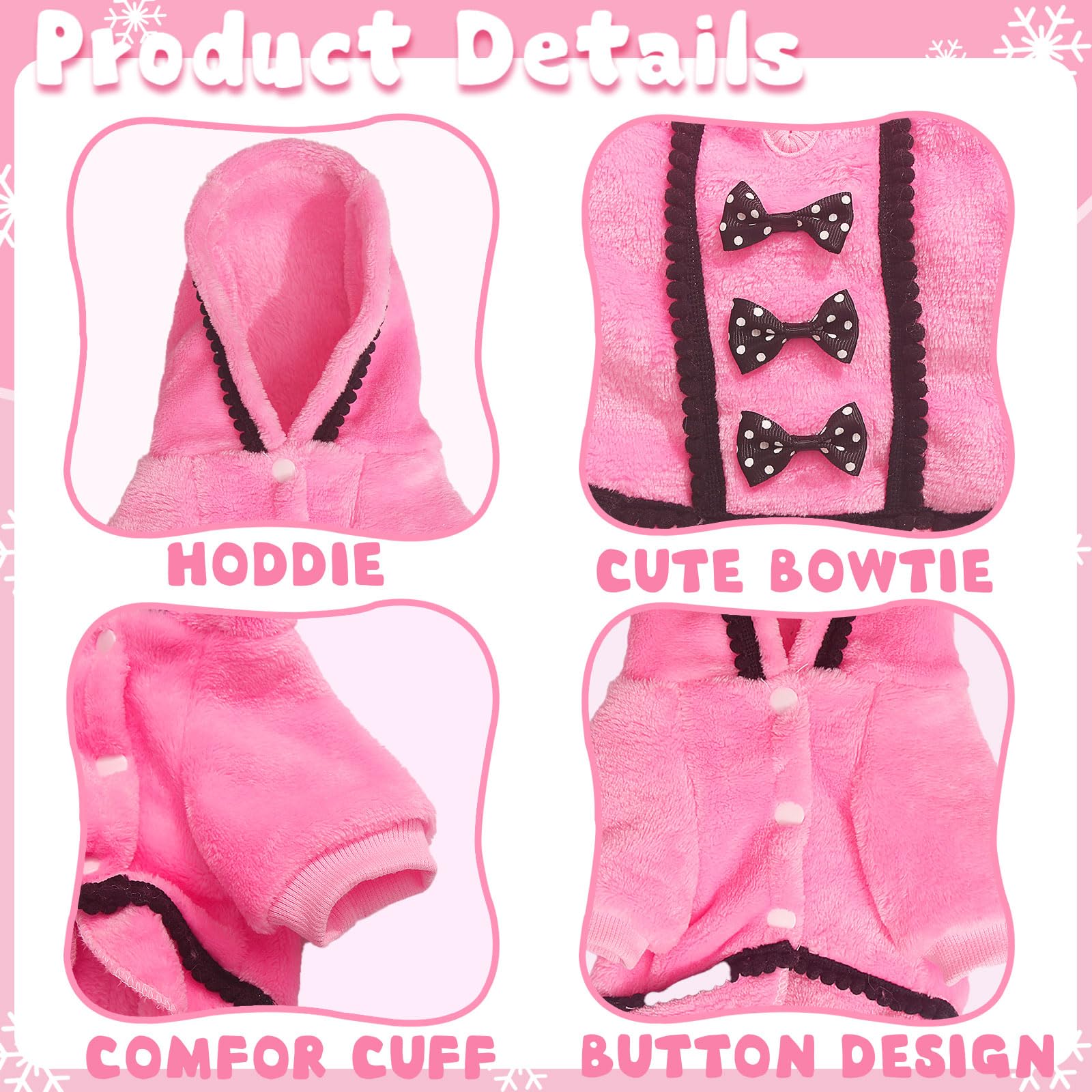 Warm Fleece Dog Sweater for Small Dogs - Cute Pink Puppy Hoodie with Bowtie & Leash Hole | Winter Chihuahua Clothes for Cold Weather (X-Small) | Perfect for Outdoor Walks & Indoor Cozy Time