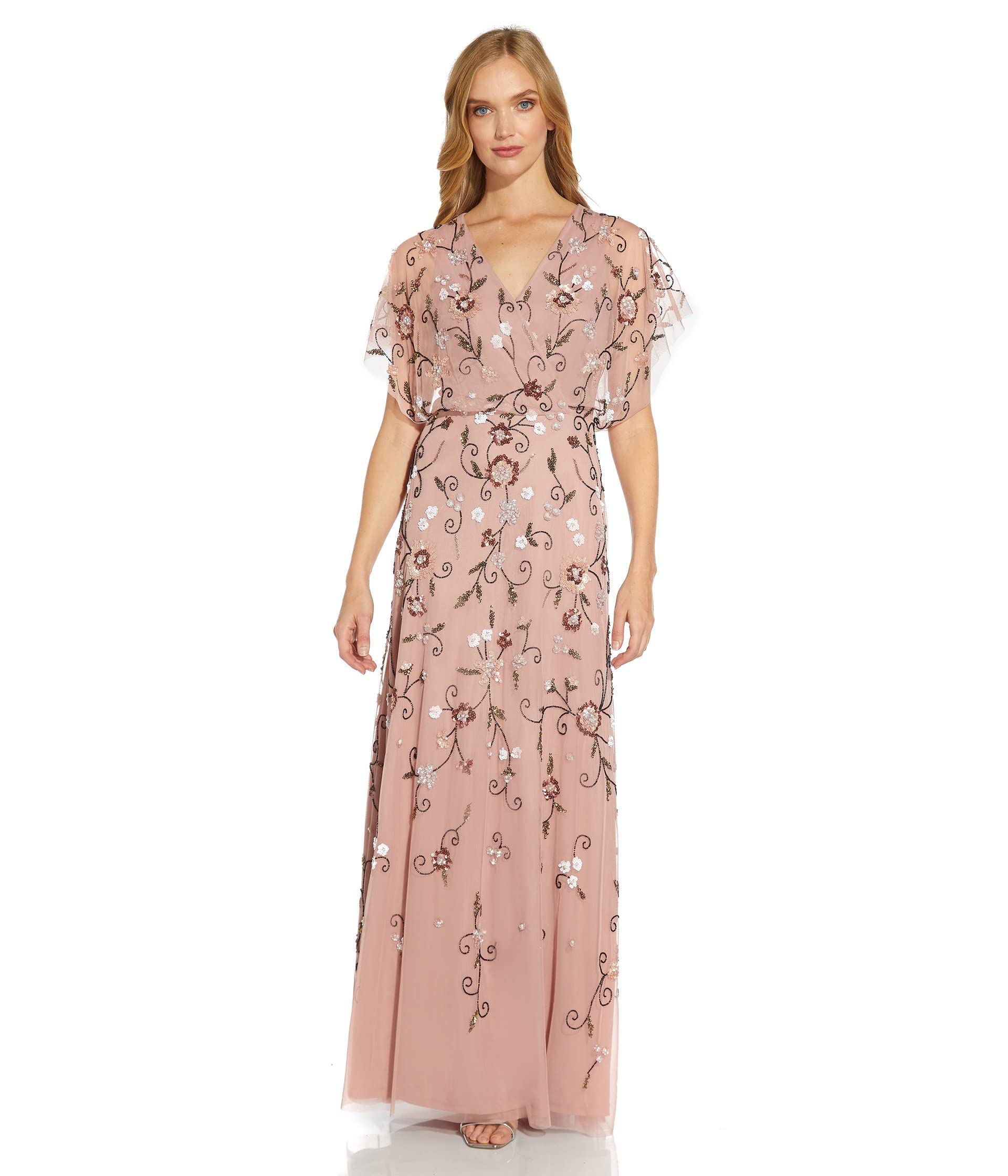 Adrianna Papell Women's Beaded Flutter Sleeve Evening Gown for Prom, Wedding & Formal Events - Elegant Plus Size Party Dress