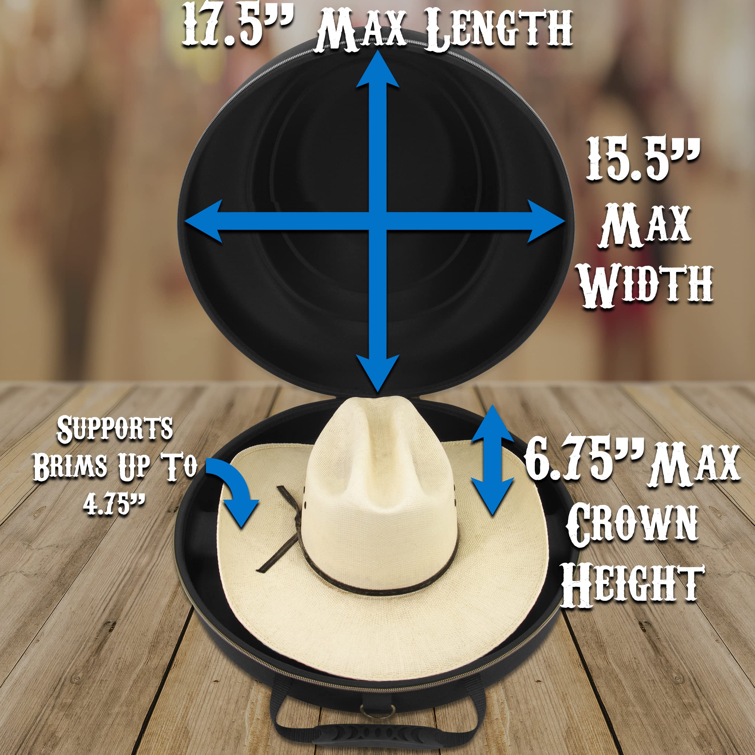 CASEMATIX Cowboy Hat Storage Box - Hard Shell Travel Case with Carry Strap, ID Slot & Foam Insert for Brims Up to 4.75