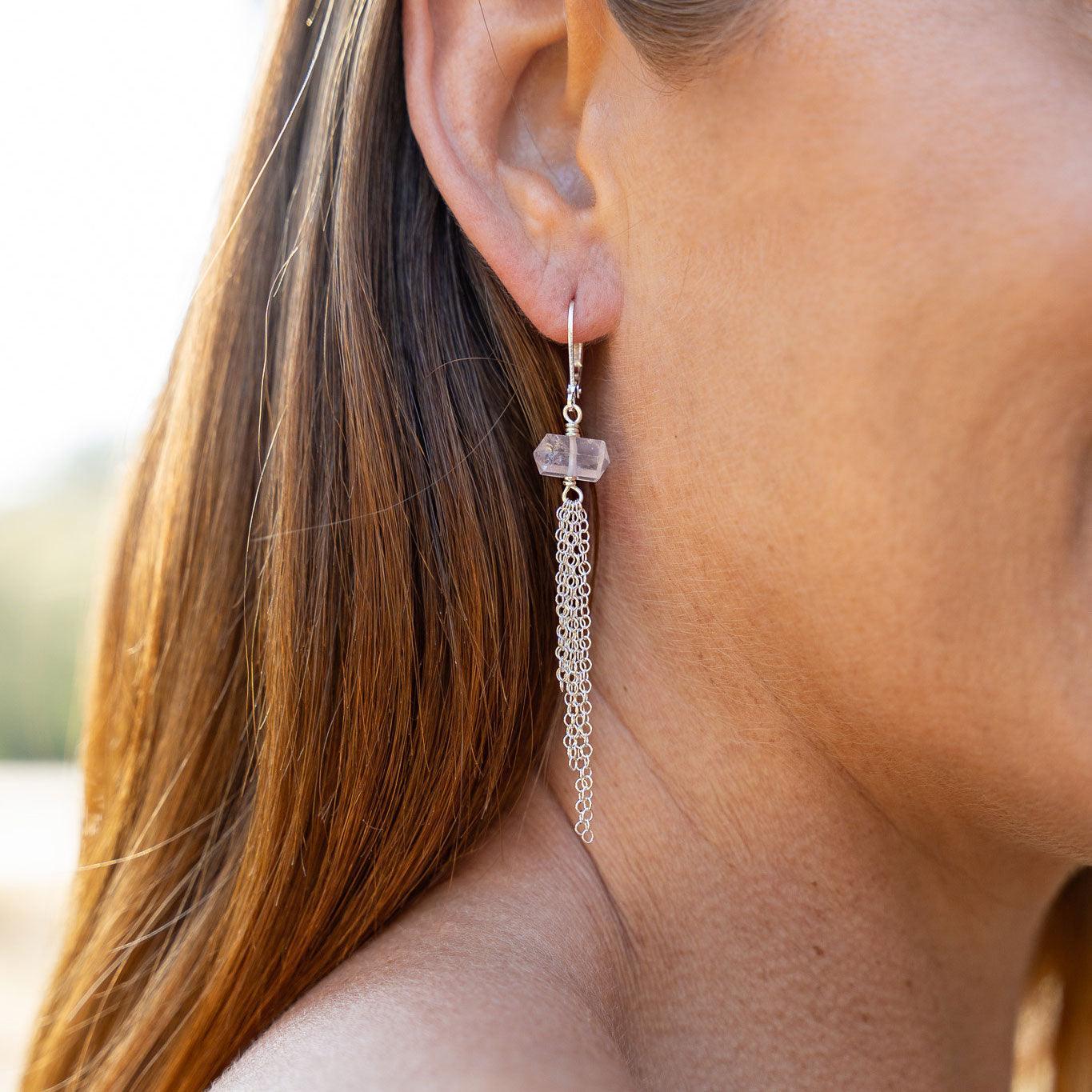 Rose Quartz Double Terminated Crystal Point Tassel Earrings for Women - Healing Stone Dangle Earrings for Yoga, Meditation & Spiritual Healing - Boho Chic Jewelry Gift