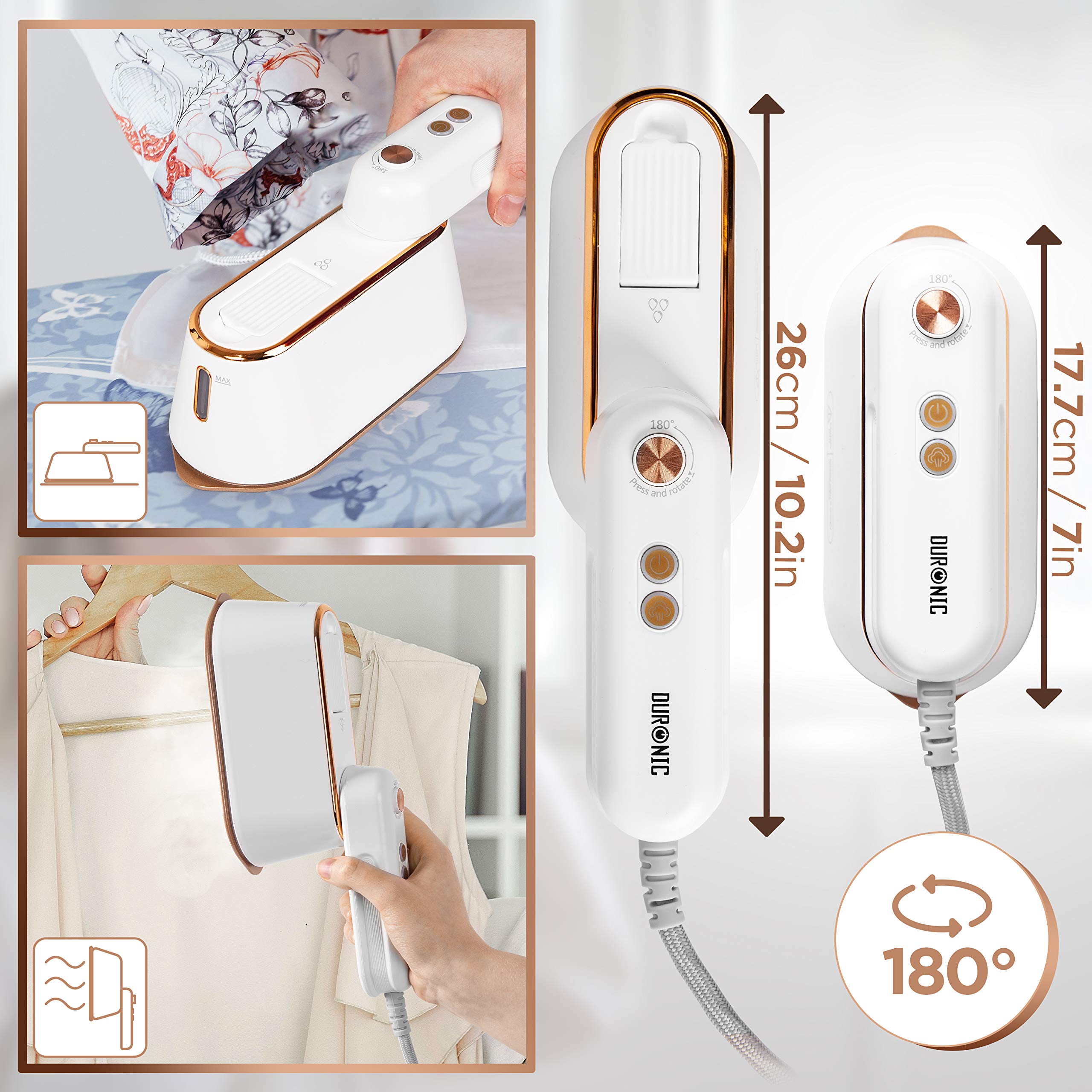 Duronic HS90 WE Travel Steam Iron - 90ml Portable Handheld Garment Steamer for Clothes, Quilting & Crafts | Wrinkle & Crease Remover | Perfect for Travel, Holidays & Home Use (White)