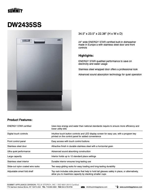 SUMMIT 24 Inch Stainless Steel Built-In Dishwasher (DW2435SS) - Perfect for Modern Kitchens & Small Spaces