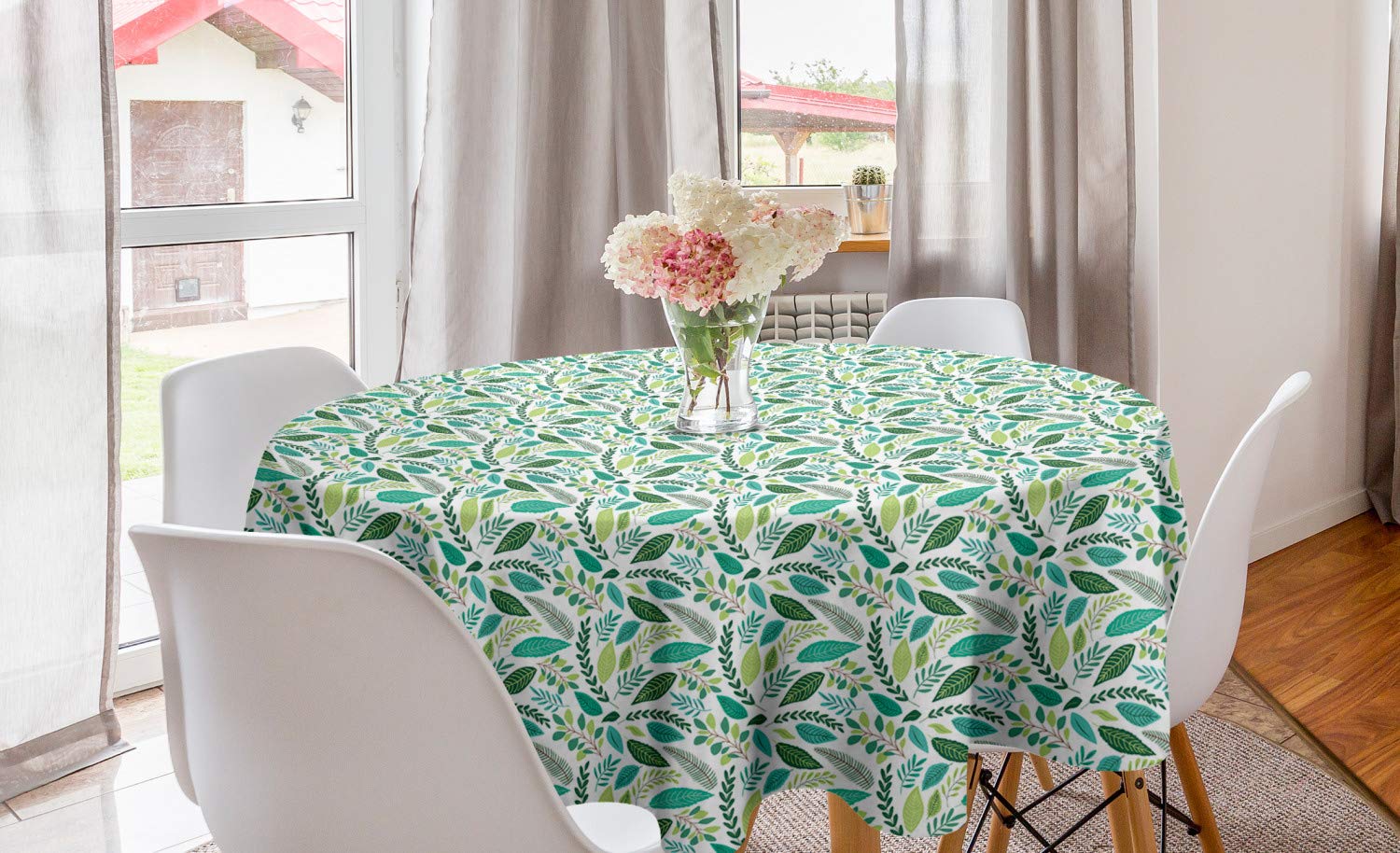 Ambesonne Green Leaves Round Tablecloth 60