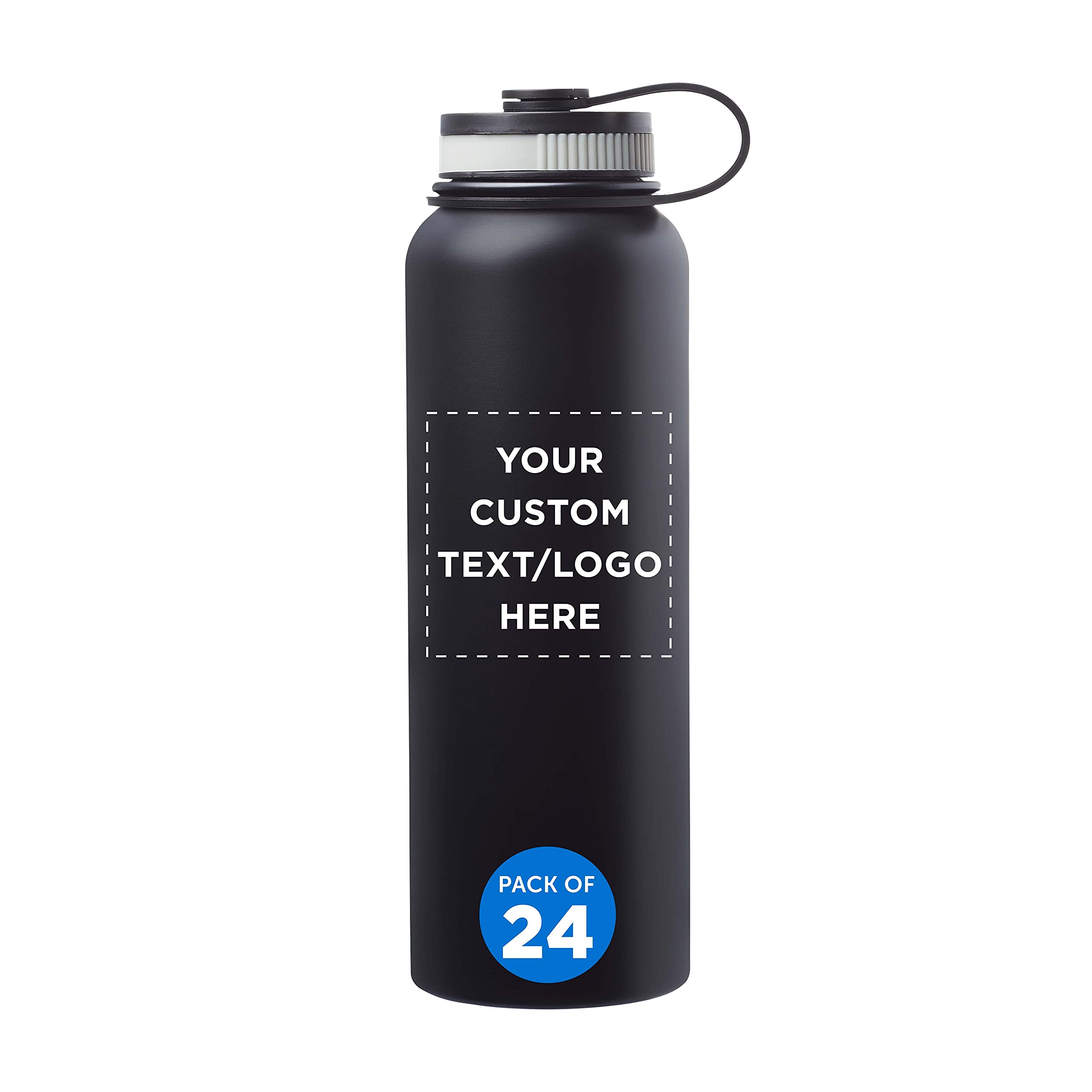 24 oz Stainless Steel Vacuum Insulated Water Bottle Set - Double Wall, Leak Proof, Custom Text & Logo - Perfect for Gym, Hiking, Office & Travel - Black