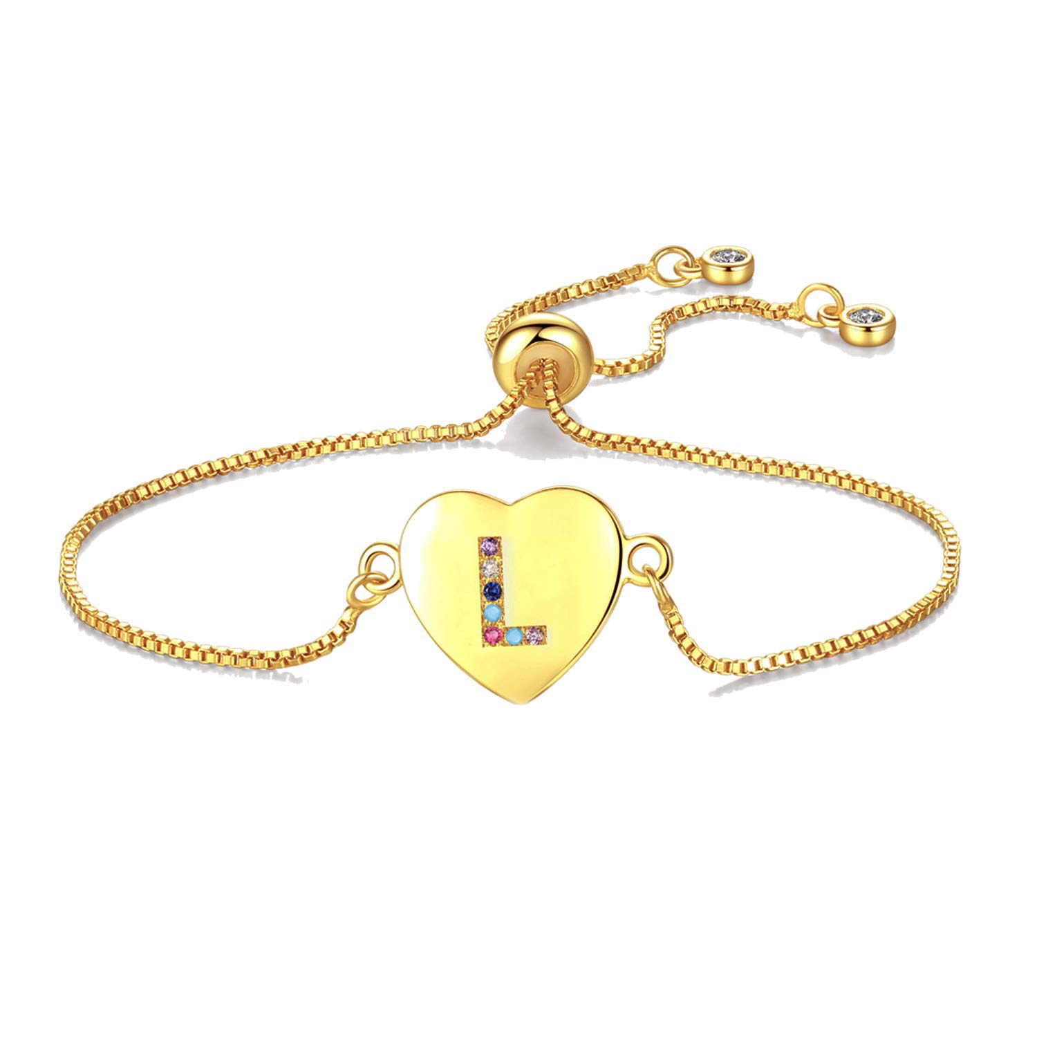 Gold CZ Heart Initial Bracelet A-Z Adjustable with Colorful Crystals - Personalized Name Jewelry for Women - Perfect Gift for Birthday, Anniversary & Valentine's Day