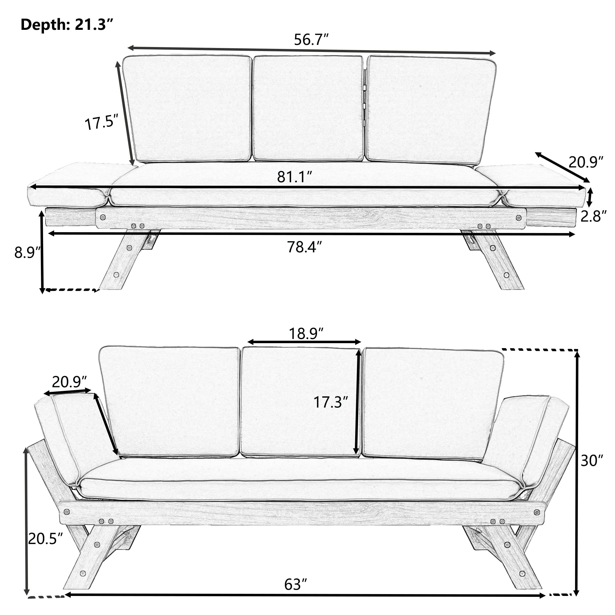 Merax Outdoor Patio Sofa Loveseat Chaise Lounge - Expandable Wooden Daybed with Gray Cushions for Small Spaces, Beige - Perfect for Balcony, Garden, or Poolside Relaxation