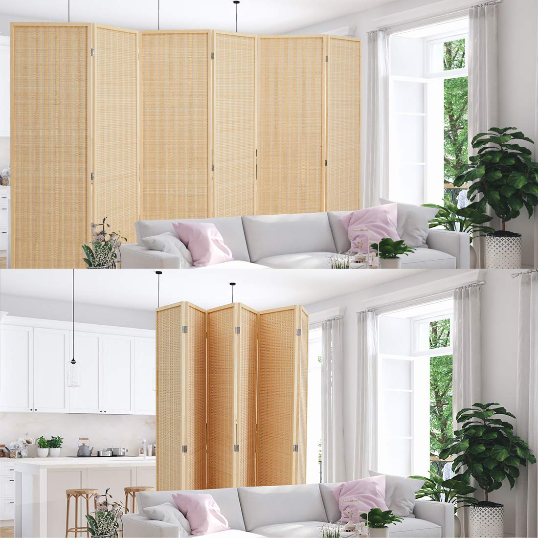 6 Panel Bamboo Room Divider Privacy Screen - Natural Freestanding Folding Partition for Home Office, Bedroom & Living Room - Beige