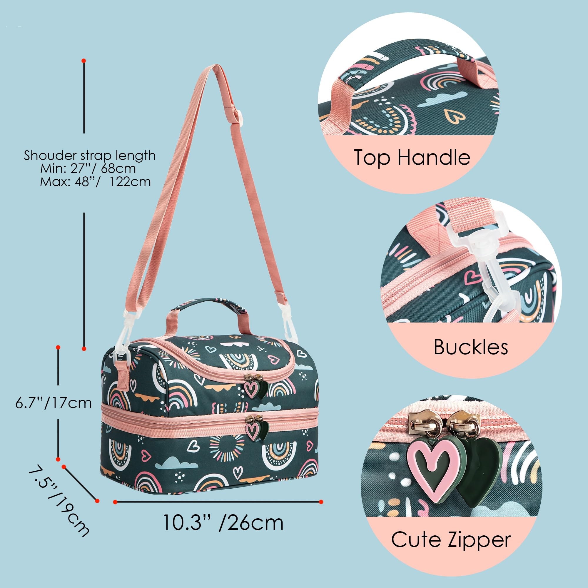 Insulated Kids Lunch Bag with Dual Compartments - Thermal Cooler Tote for Boys & Girls, Toddler School Picnic, Kindergarten Lunch Box with Adjustable Strap (Green Rainbow) - Perfect for School, Travel & Outdoor Activities