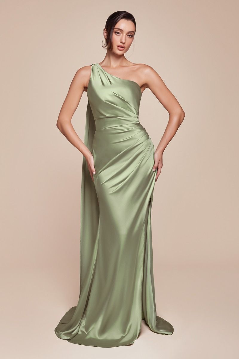 Bryce Gown | One Shoulder Luxe Satin Fitted Evening Dress in Sage Green | Perfect for Prom, Gala & Formal Events