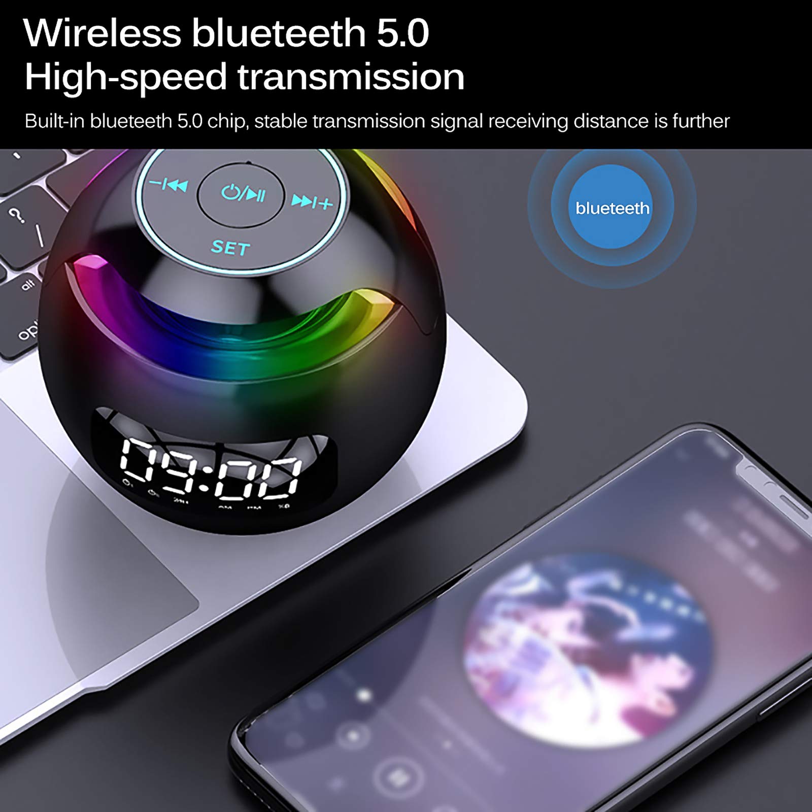 Ulsam 2-in-1 Bluetooth Speaker & Alarm Clock with Digital Display - Portable Wireless Speaker, FM Radio, Smart Sensor, Bluetooth 5.0, USB Charging Port, 5W Output - Perfect for Bedroom, Office, Travel and Outdoor Use (Black)