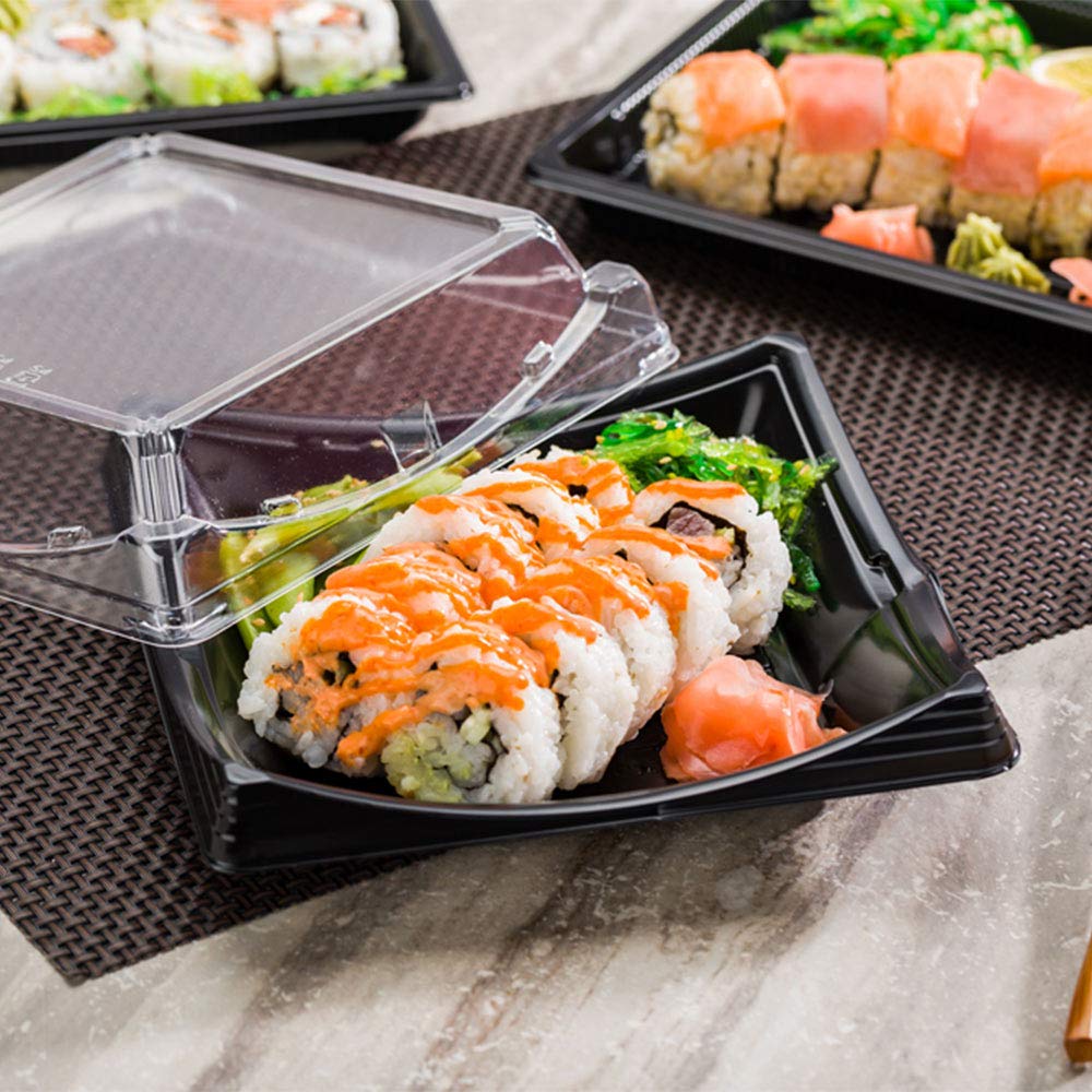 Restaurantware Roku 7.25 Inch Disposable Sushi Trays with Lids - 100-Pack Black Square Plastic Takeout Containers for Appetizers, Entrees & Desserts | Perfect for Japanese Restaurants, Catering & Party Platters