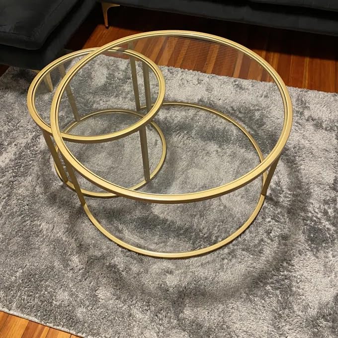 Modern Round Nesting Coffee Table Set of 2 - Gold Metal Frame & Tempered Glass Side Tables for Living Room, Dining Room - 31.5