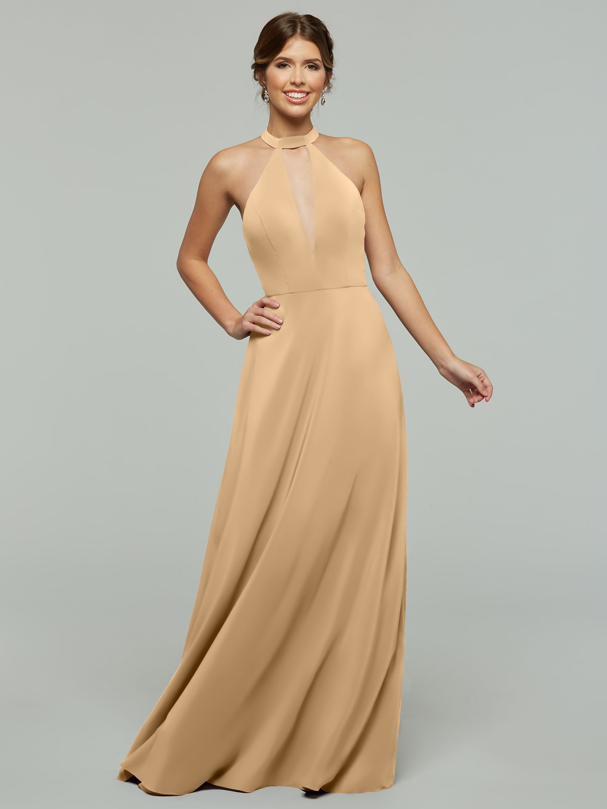Elegant 80115 Stretch Chiffon A-Line Bridesmaid Dress with Plunging Halter Neckline - Perfect for Weddings, Formal Events & Special Occasions