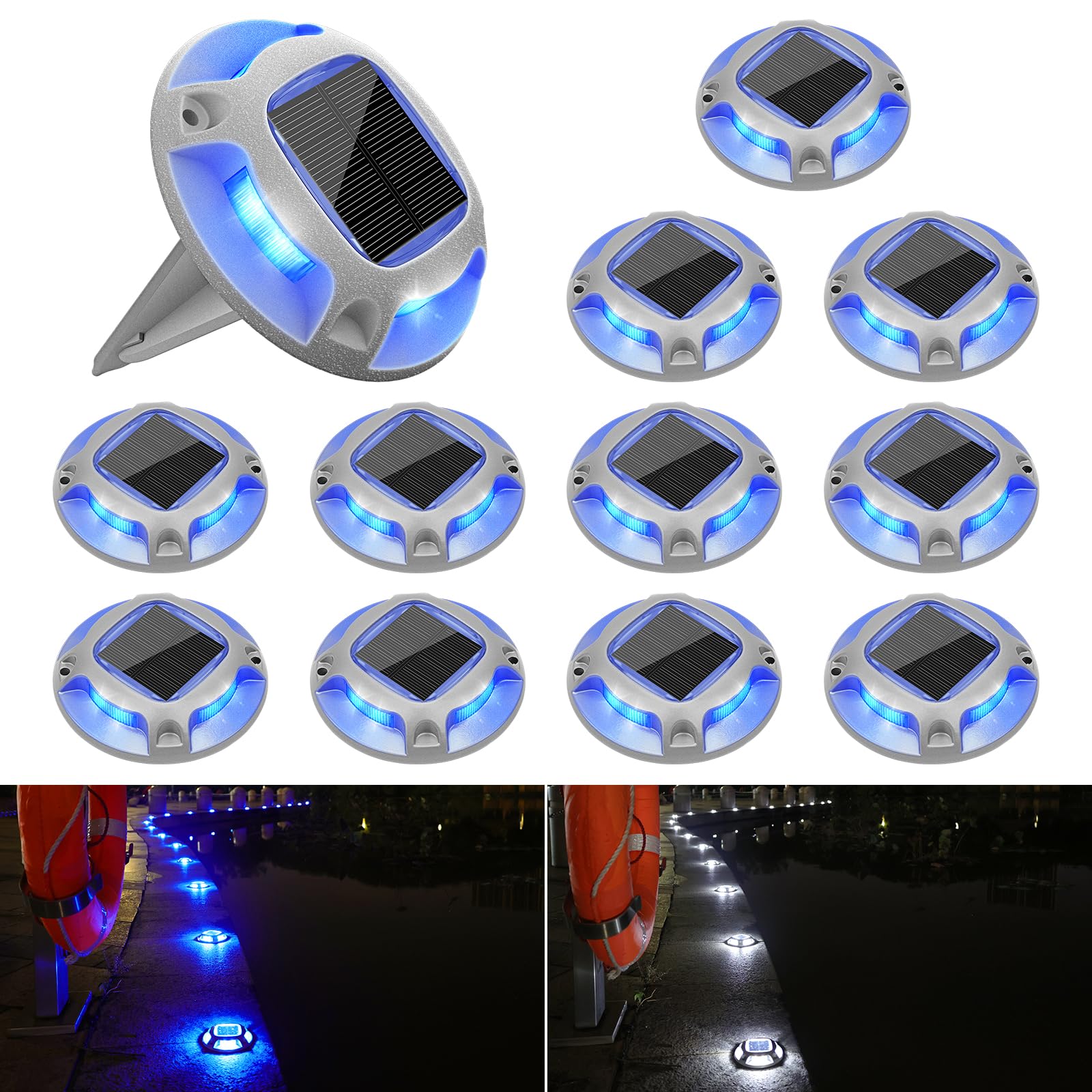 VOLISUN 12 Pack Solar Driveway Lights - 2 Colors in 1 (White/Blue), IP67 Waterproof LED Outdoor Step Lights for Driveway, Sidewalk, Pathway, Deck & Garden - Solar Powered Landscape Lighting for Safety & Decoration