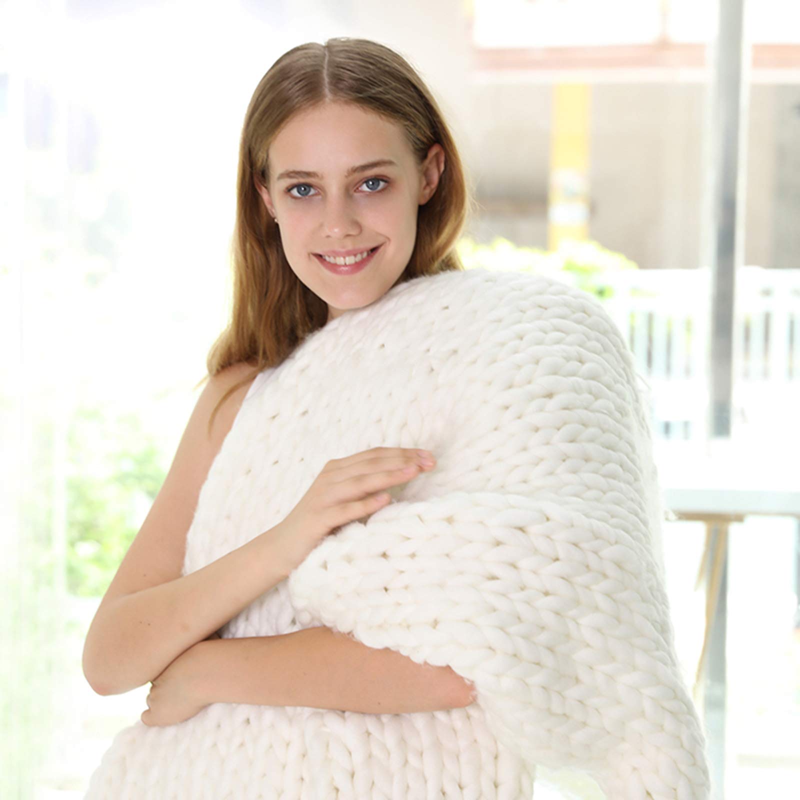 Chunky Knit Blanket Handmade Bulky Light Teal - Super Soft & Thick Knitted Throw Blanket (40x60in) | 2CM Wide Boho Home Decor | Acrylic Yarn Farmhouse Gift for Living Room, Bed & Bench Cozy Scenes