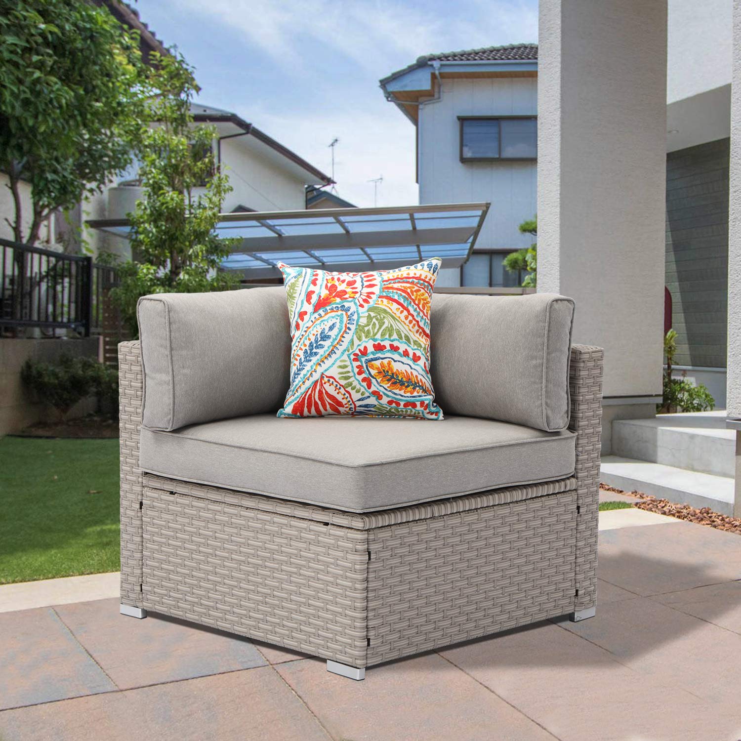 HOMPUS Outdoor Patio Furniture - Right Corner Wicker Chair with Warm Gray Cushions & Pillow - Weather-Resistant Garden, Pool, Backyard Lounge Seating for Relaxation