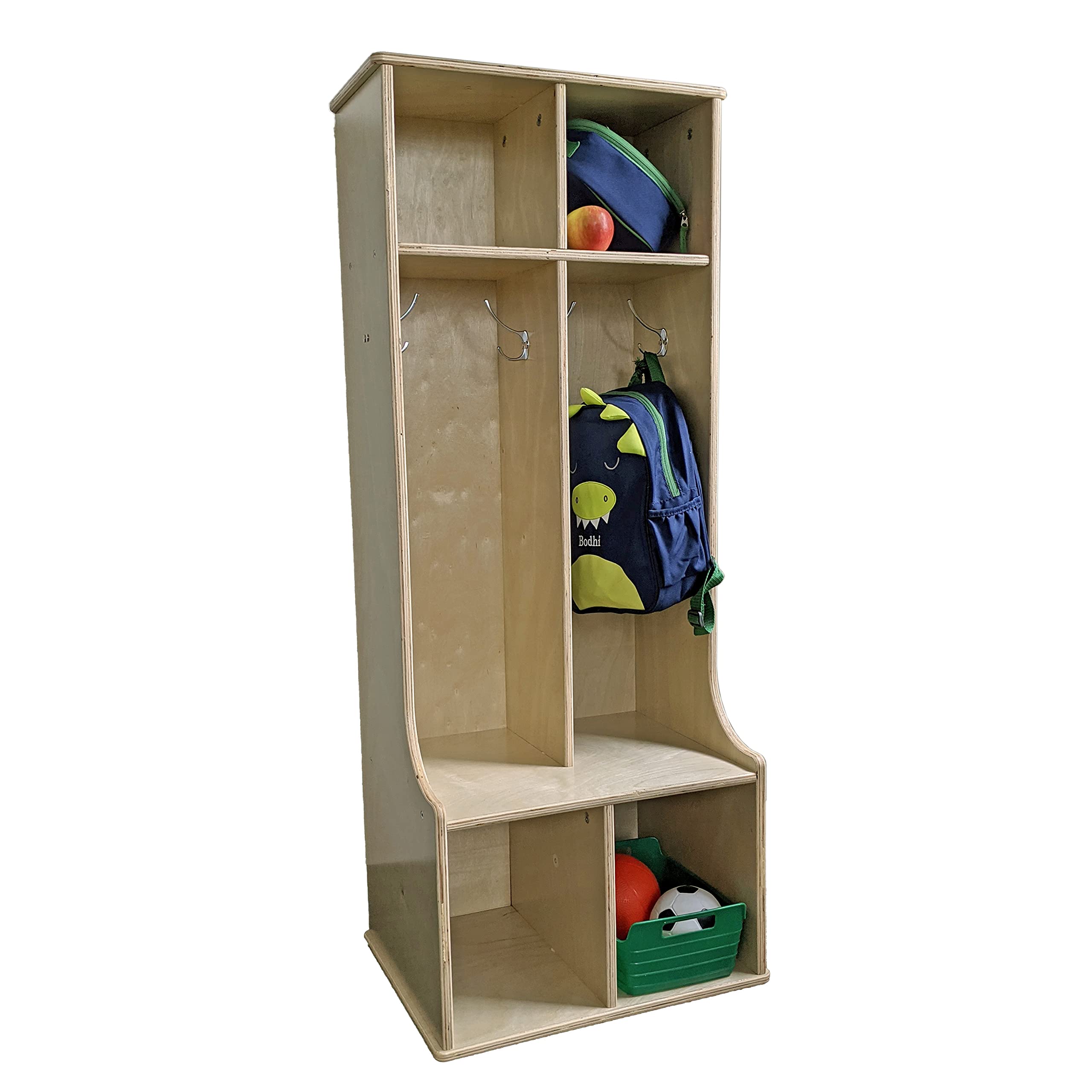 Factory Direct Partners 13138-NT Natural Birch 2-Section Coat Locker with Bench, Storage Cubbies & Hooks - School, Office, Gym Entryway Organization Solution