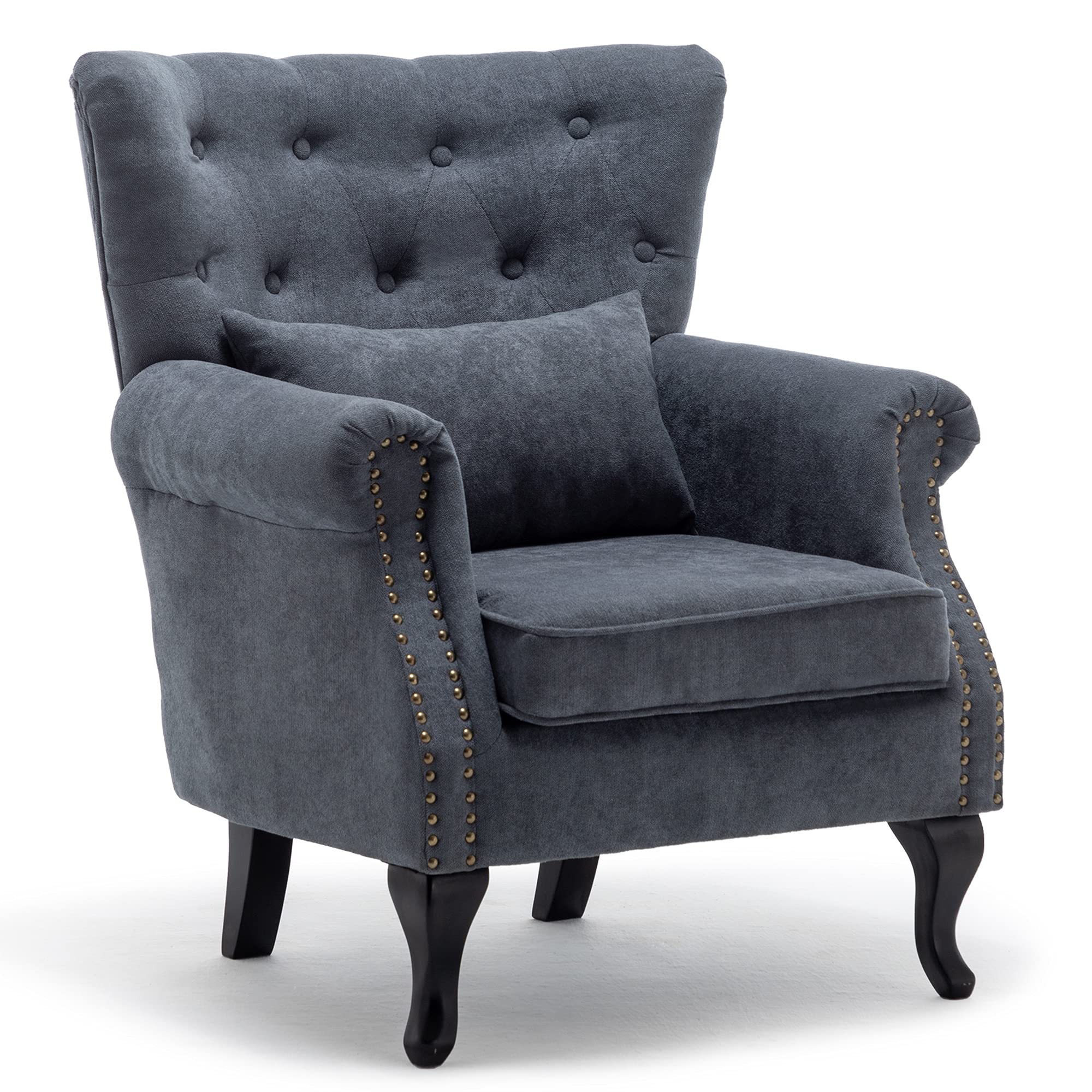 Mid Century Modern Tufted Wingback Chair - Grey Accent Club Chair with Round Armrests & Waist Pillow for Living Room, Bedroom & Office - Stylish Lounge Seating for Home Decor
