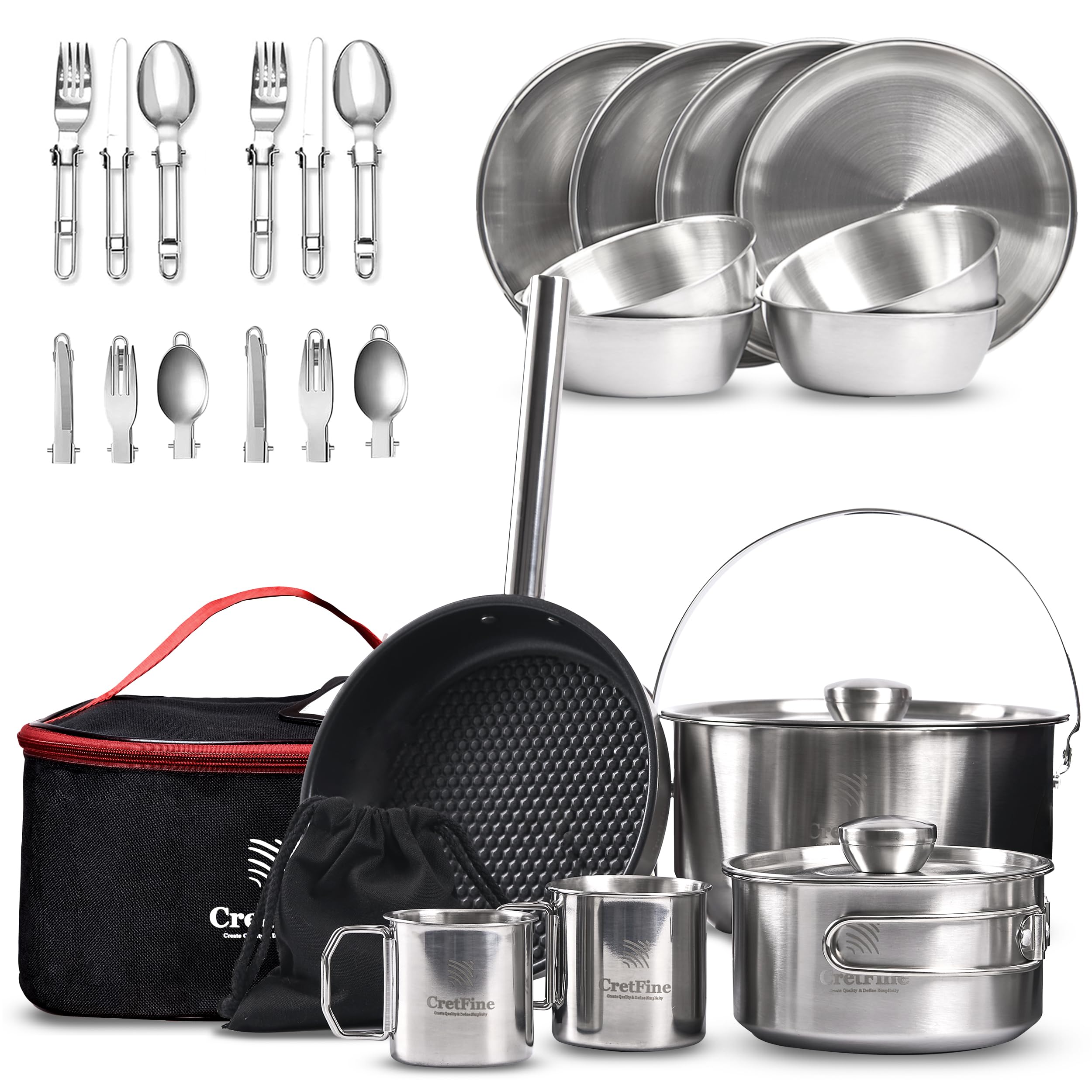CampPro 12-Piece Stainless Steel Camping Cookware Set for 4-8 People - Lightweight Camping Pots & Pans with Carrying Bag - Perfect for Campfire Cooking, RV Trips, Backyard BBQs & Outdoor Adventures