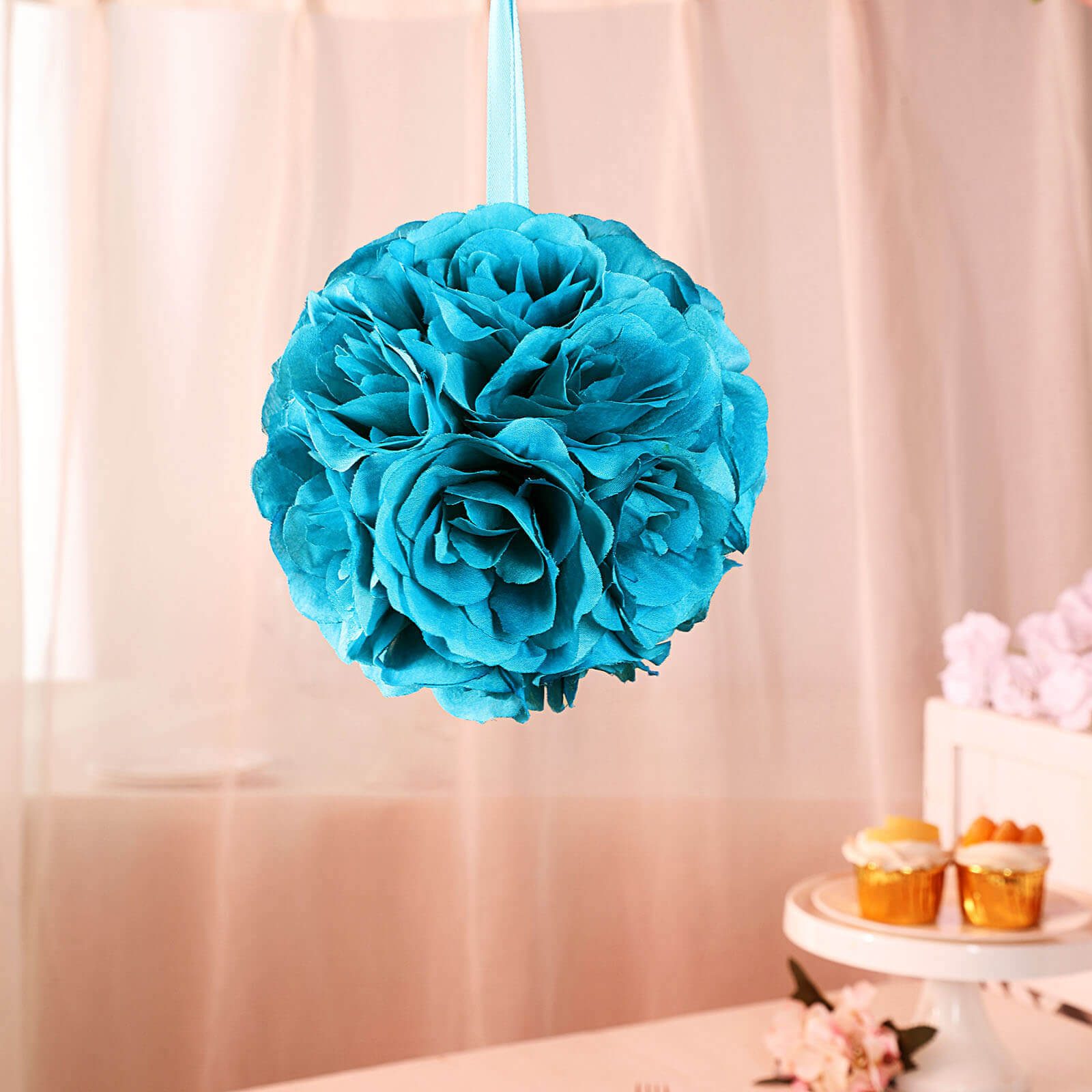 2 Pack Turquoise Artificial Silk Rose Kissing Balls - Faux Flower Wedding Decor for Centerpieces, Bridal Showers & Home Decor