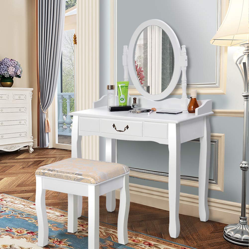 360° Rotating Vanity Set with Mirror & Cushioned Stool - White Wooden Makeup Dressing Table with Drawers for Bedroom | Perfect for Makeup, Skincare & Hair Styling