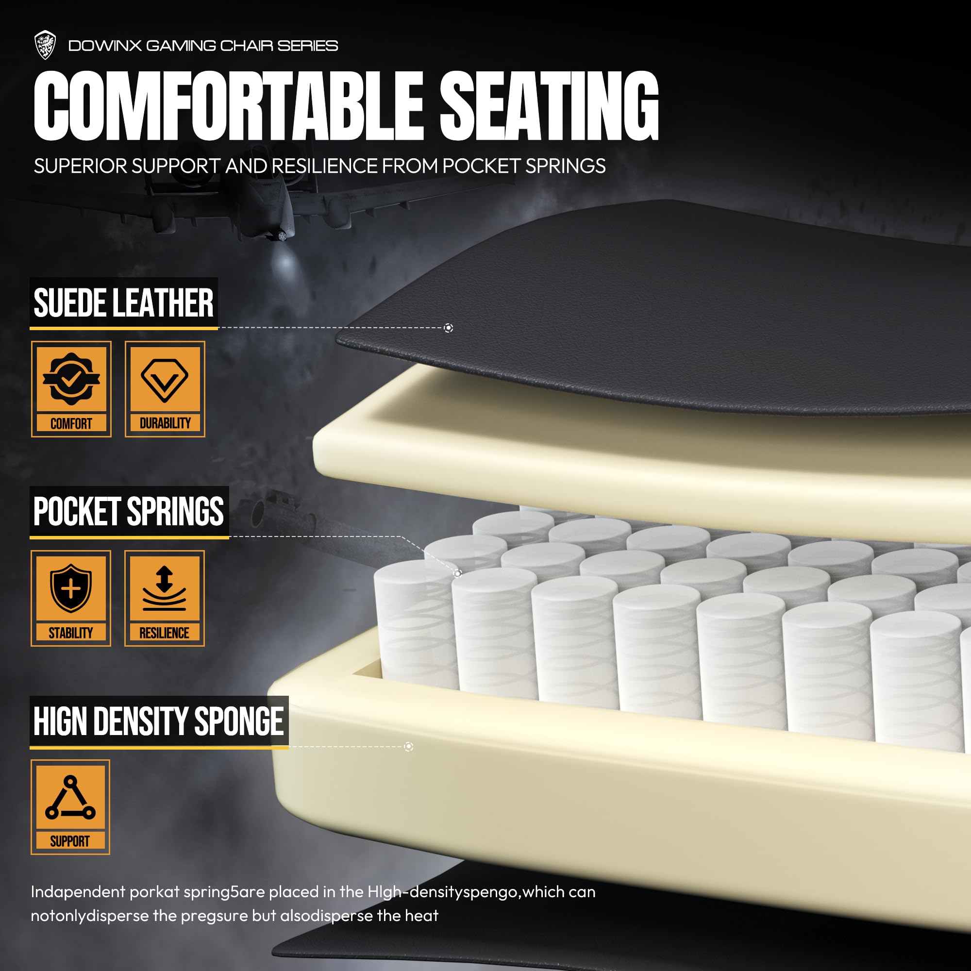 Dowinx Ergonomic Gaming Chair with Heated Massage & Lumbar Support - Reclining PC Office Chair with Pocket Spring Cushion & Footrest - High Back Computer Chair for Adults (330lbs Capacity, Black) - Perfect for Esports, Streaming & Home Office Work