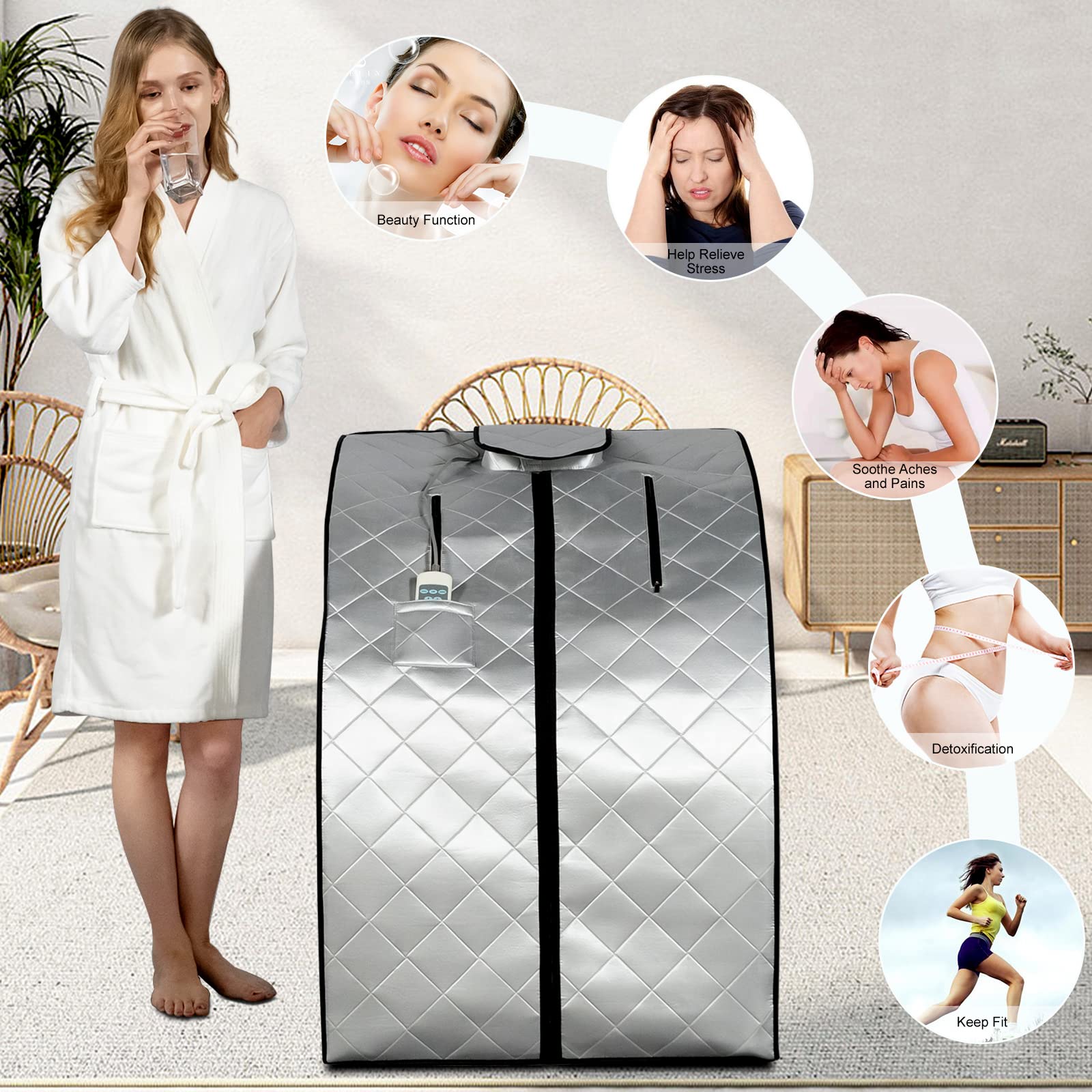 Smartmak Far Infrared Sauna for Home Use - Portable One Person Full Body Spa with Remote Control, Heating Foot Pad & Foldable Chair (27.6
