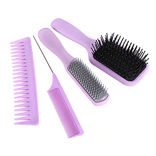 Stainless Steel Wide Tooth Comb with Anti-Static & Heat Resistant Design - Rubber Air Cushion Paddle Brush for Detangling & Styling - Perfect Travel & Home Hair Care Set for Men & Women