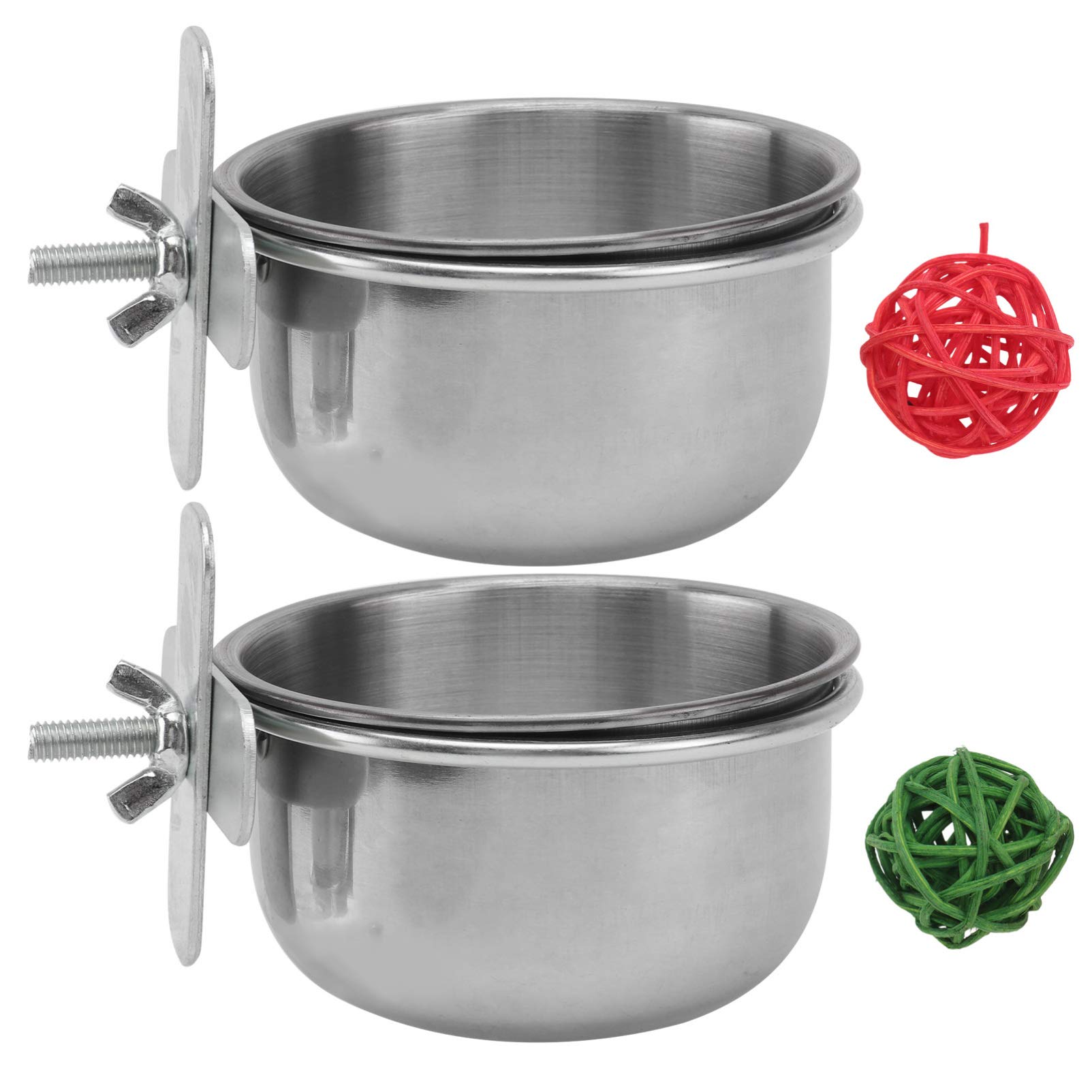 Balacoo 4-Piece Stainless Steel Bird Feeding Cups with Clamp - Food & Water Bowls for Parrots, Cockatiels, Budgies - Rattan Ball Toy for Pet Cages - Perfect for Bird Cages, Aviaries & Small Animal Habitats