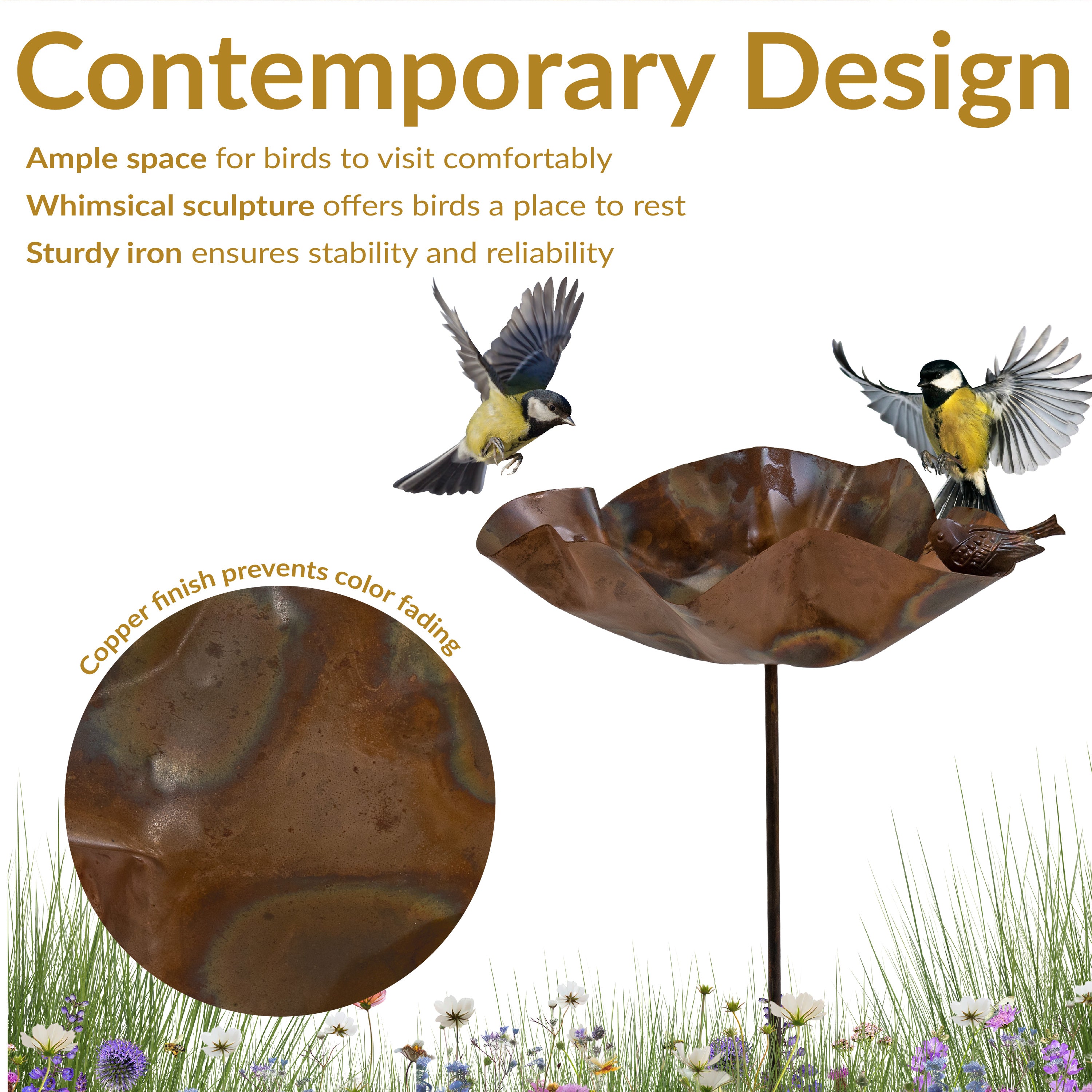Sunnydaze Decorative Staked Copper Bird Bath with Bird Figurine - 34.25 Inch Outdoor Garden Ornament for Birds and Wildlife