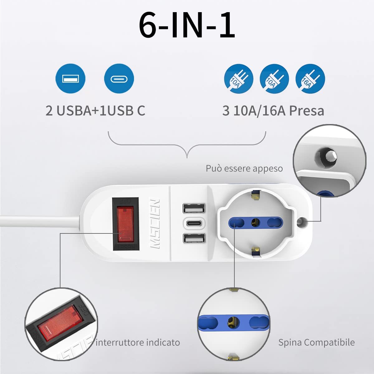 Mscie Multipurpose Travel Power Strip with 3 Outlets (1 Universal & 2 US/EU), 3 USB Ports (2 USB-A + 1 USB-C), Compact Design, White, 2500W/250V, 1.5m Cable - Perfect for Hotels, Dorms & International Travel