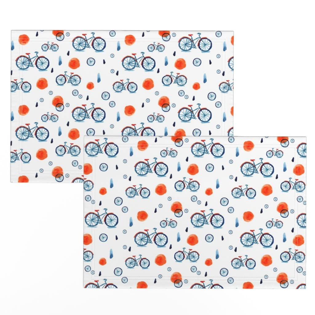 Premium Linen Cotton Canvas Placemats Set of 2 - White Bicycle Cycling Sunset Beach Design for Dining Table Decor | Japanese Inspired Kitchen Table Mats for Casual & Formal Dining