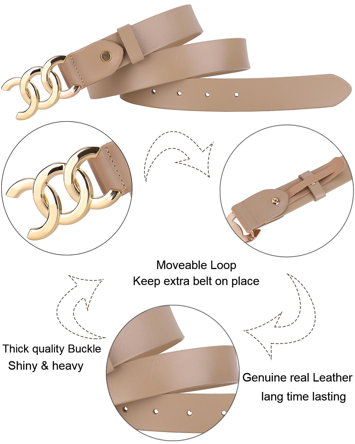 ALAIX Women's Fashion Belt - Gold & Silver Buckle Leather Belt for Jeans, Pants & Dresses | Adjustable Waist Strap for Casual & Formal Outfits | Perfect for Office, Party & Everyday Wear