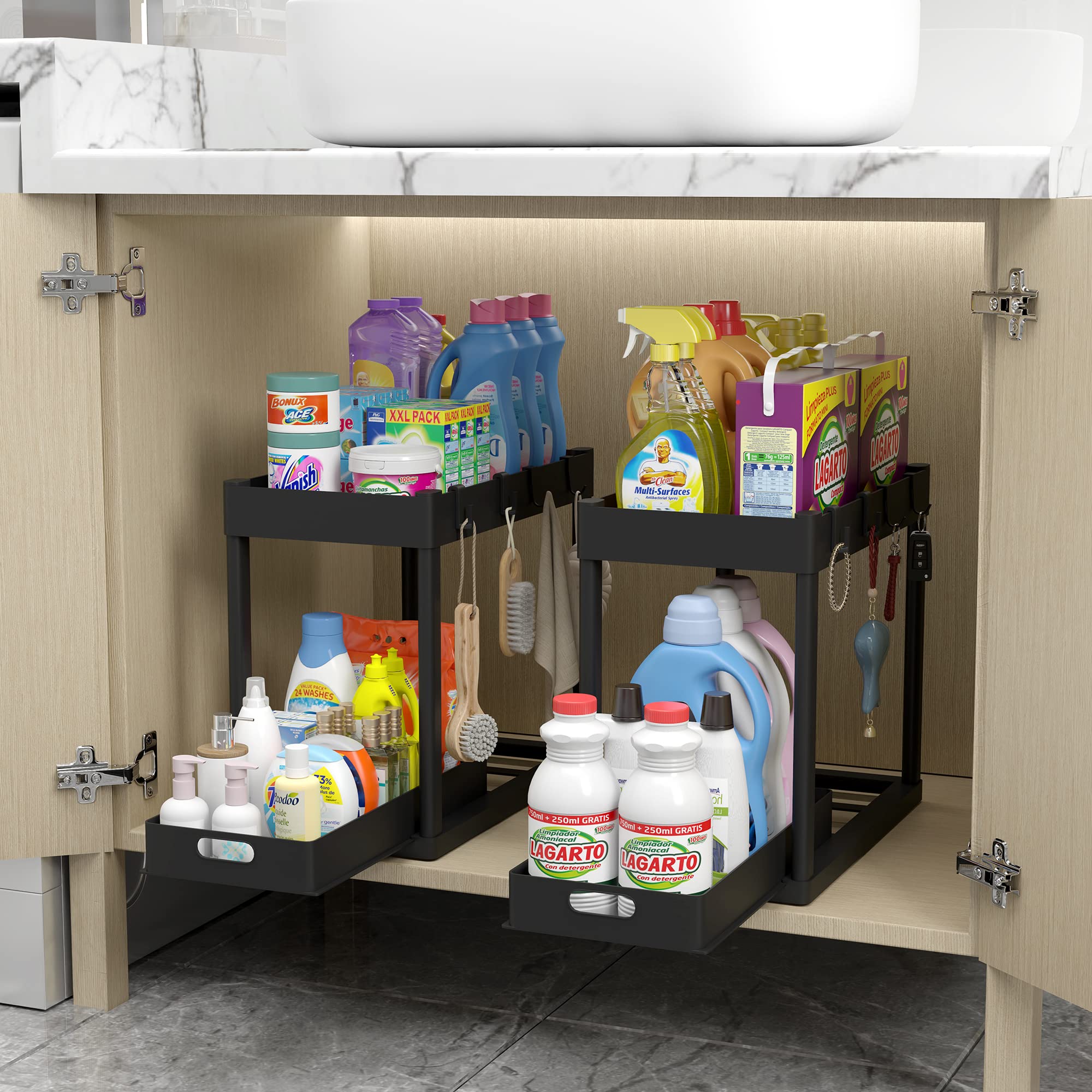 2-Tier Under Sink Organizer with Sliding Drawers & Pull-Out Baskets - Space Saving Kitchen & Bathroom Storage Shelf with Hooks - Perfect for Small Cabinets, Countertops & Vanities (Black, 2-Pack)