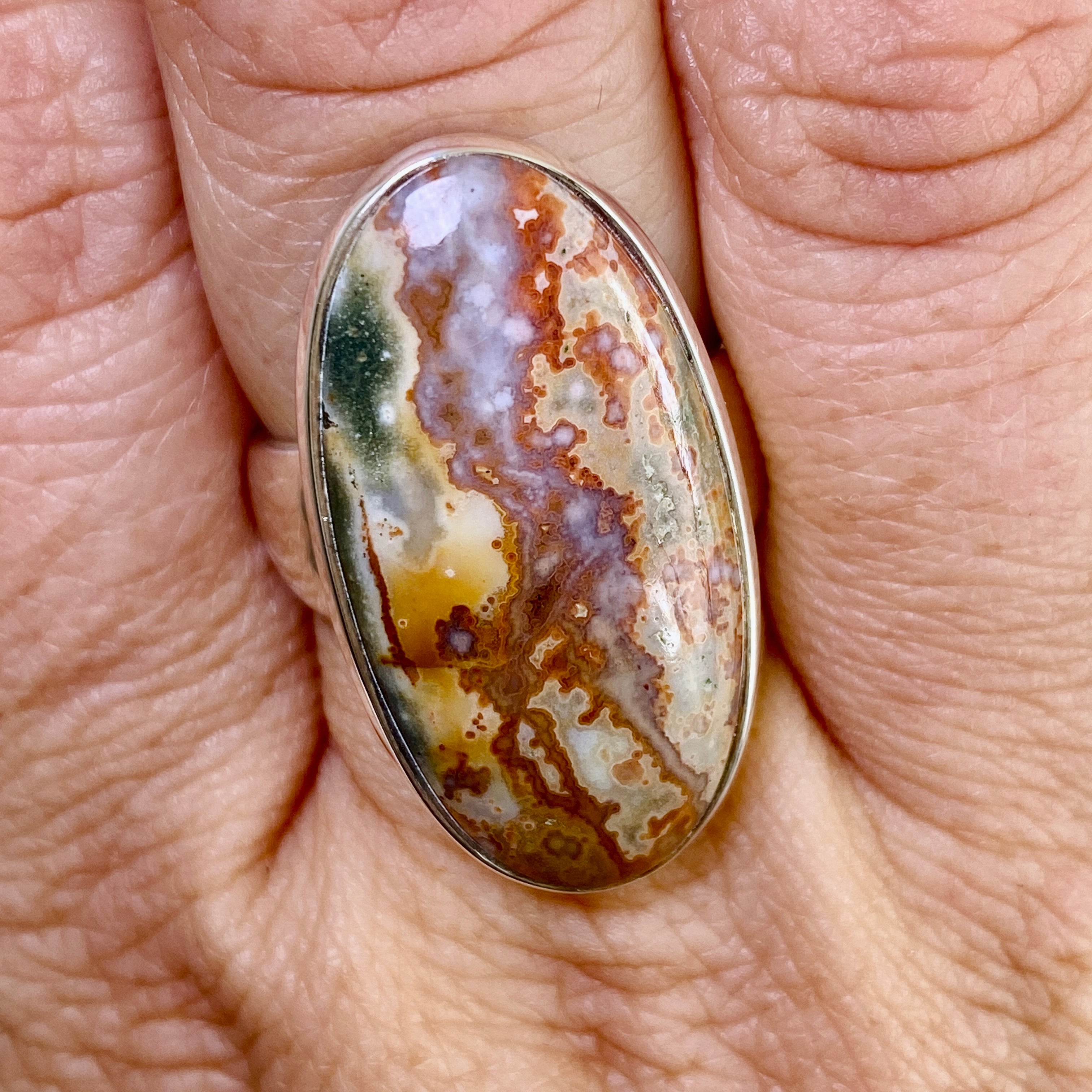 Ocean Jasper Oval Cabochon Ring - Size 9 - Natural Stone Jewelry - Handmade Silver Ring - Unique Gemstone Ring for Women - Perfect for Boho Style, Meditation & Spiritual Healing