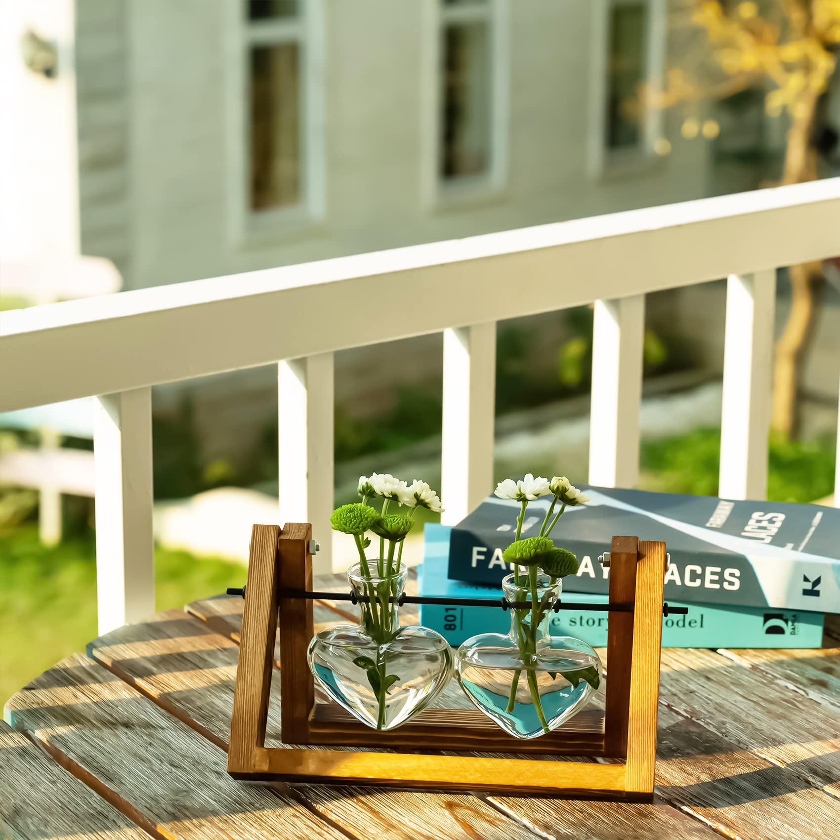 Retro Wooden Stand Glass Desktop Planter with 2 Hearts - Indoor Plant Terrarium Vase for Home, Office Desk Decor | Perfect for Succulents, Air Plants & Small Flowers